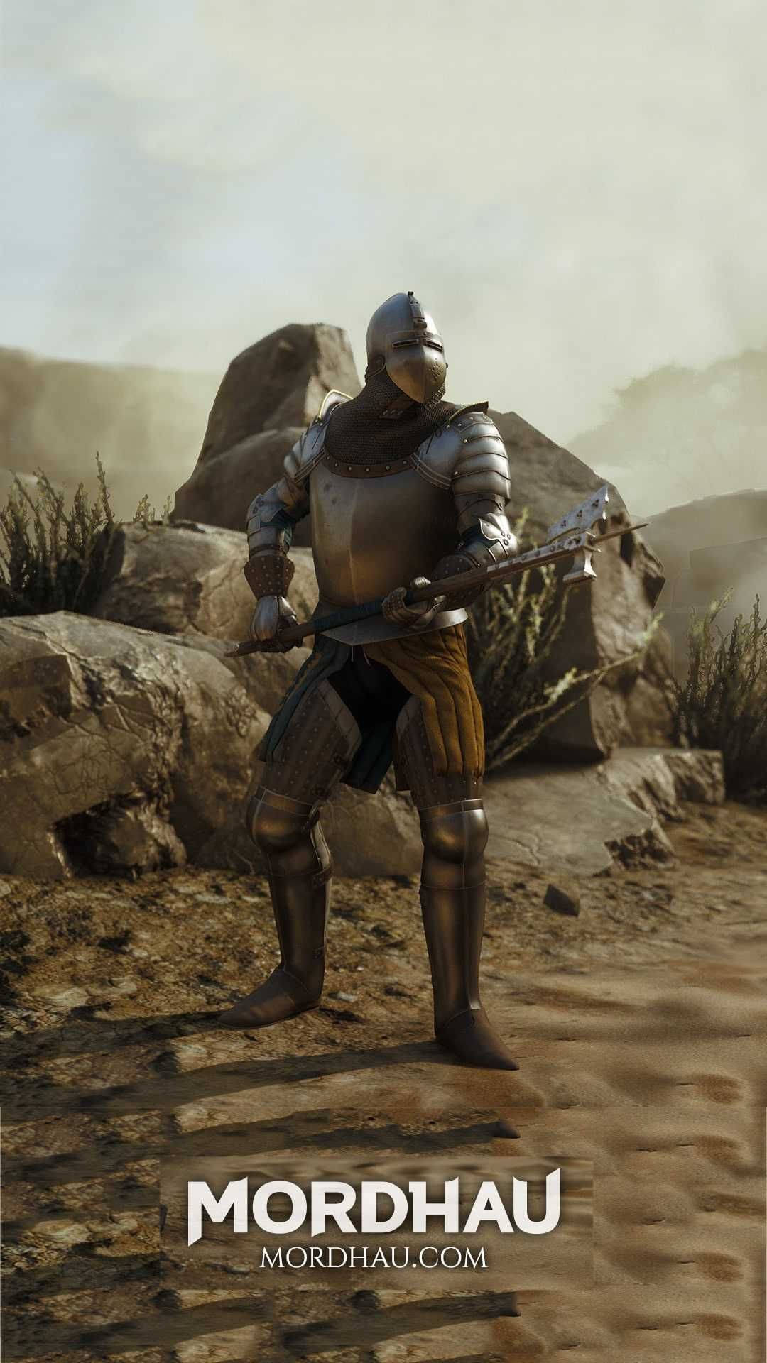 Knight 桌布 壁紙 — 一名身穿全套金屬鎧甲的騎士，在塵土飛揚的岩石地形上，於朦朧的日光下持劍準備就緒。