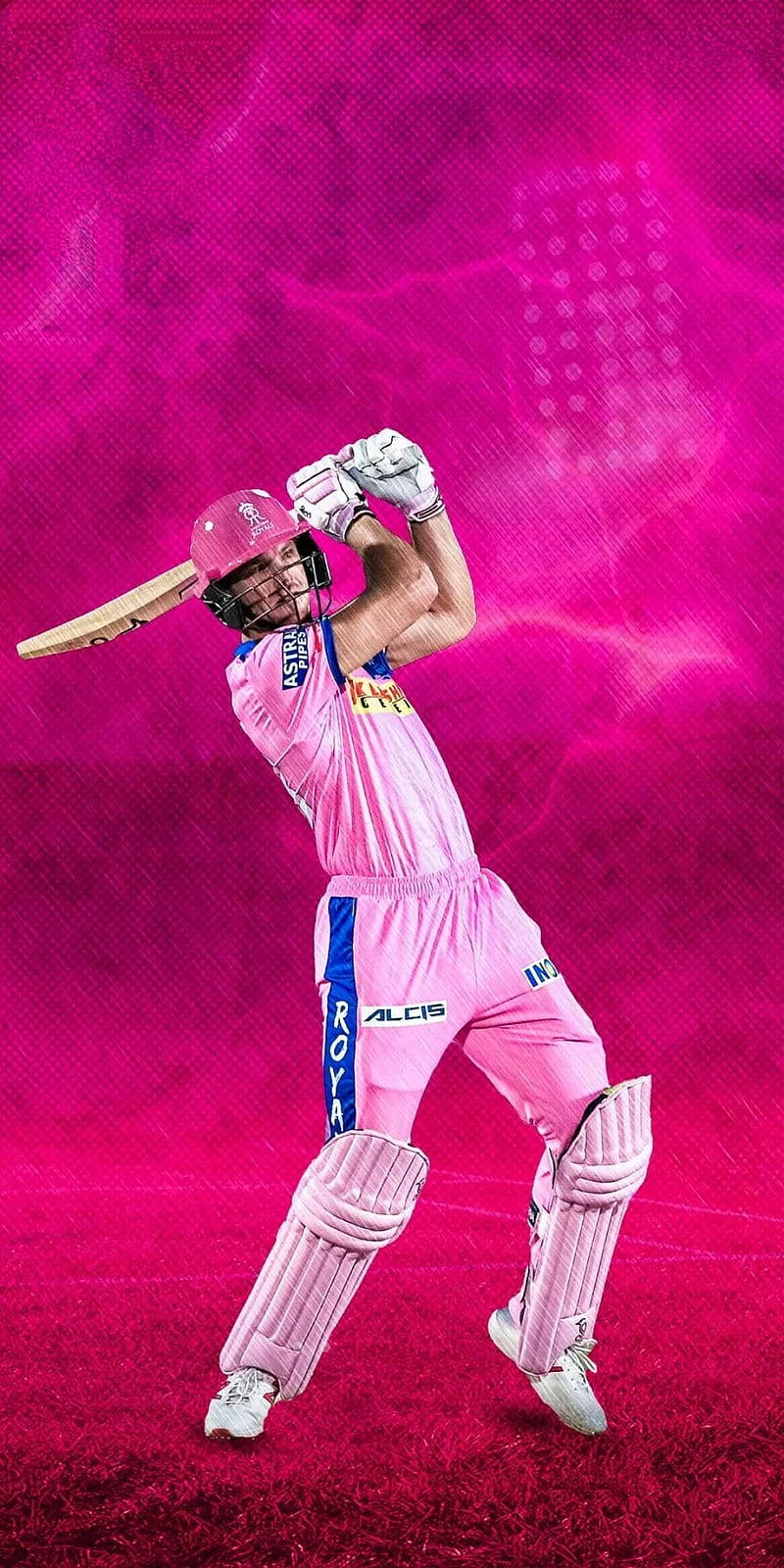 jos buttler 桌布 壁紙 — 一名身穿全粉紅色裝備的板球擊球手在充滿活力的洋紅色背景上揮動球棒，帶有動態運動模糊效果。