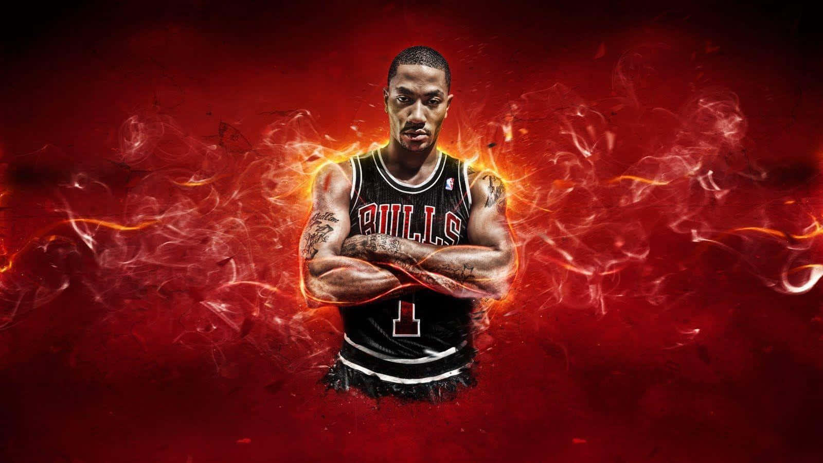 derrick rose 桌布 壁紙 — 一名身穿公牛隊球衣的籃球運動員，在熾熱的紅色背景前交叉雙臂站立，背景有旋轉的火焰。