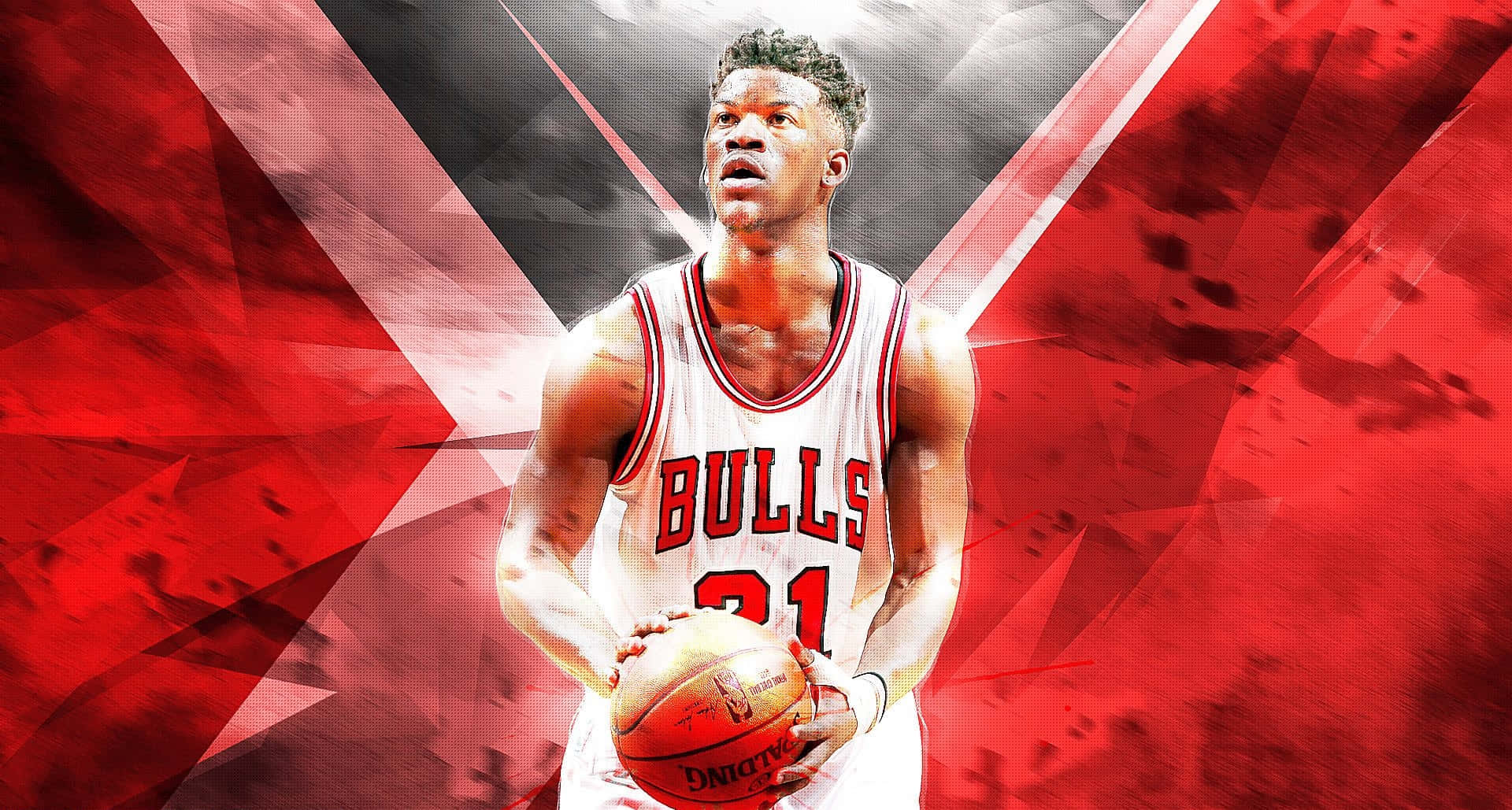 NBA 2k 桌布 壁紙 — 一名身穿公牛隊球衣的籃球運動員，在鮮明的紅色和黑色幾何背景前持球。