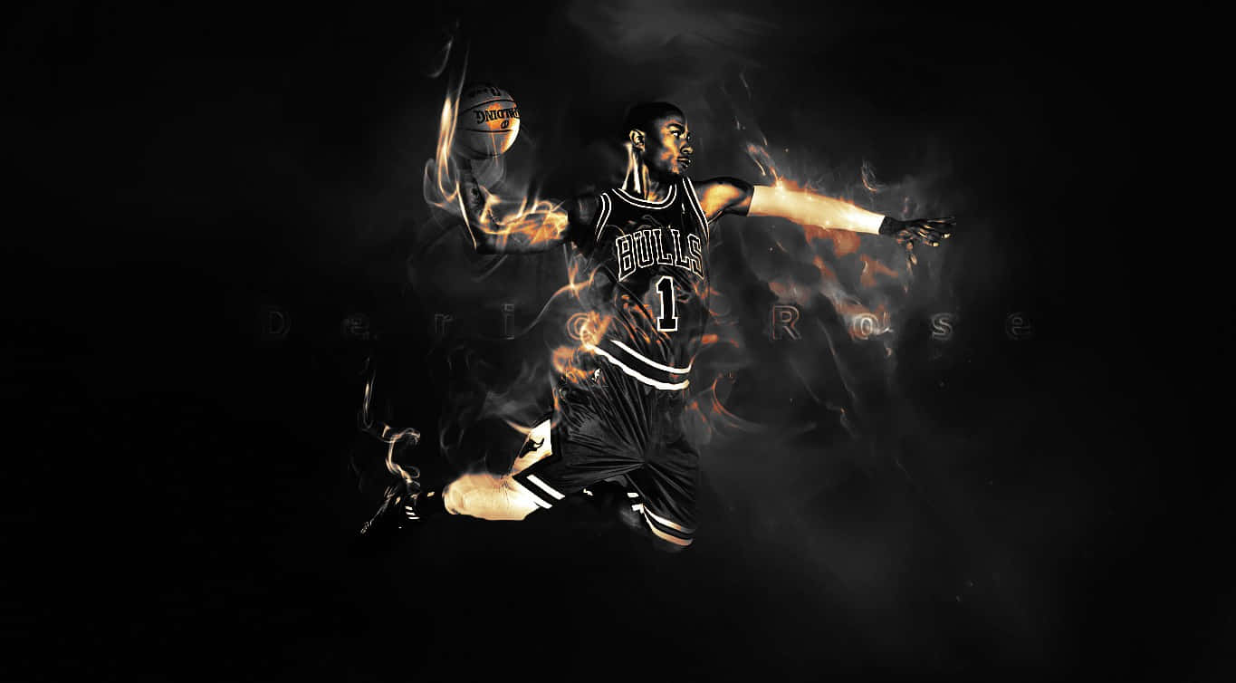 derrick rose 桌布 壁紙 — 一名身穿公牛隊球衣的籃球運動員在黑暗背景下，火焰環繞，動態跳躍。