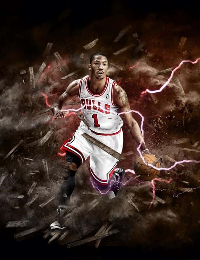 derrick rose 桌布 壁紙 — 一名身穿公牛隊球衣的籃球運動員衝破木碎，周圍有電能劈啪作響。