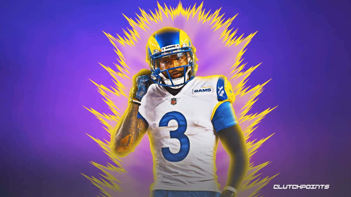 Cool Rams 桌布 壁紙 — 一名身穿公羊隊球衣、背號3的美式足球員自信地站在充滿活力的紫色背景前，身後有電光黃色閃電放射出來。