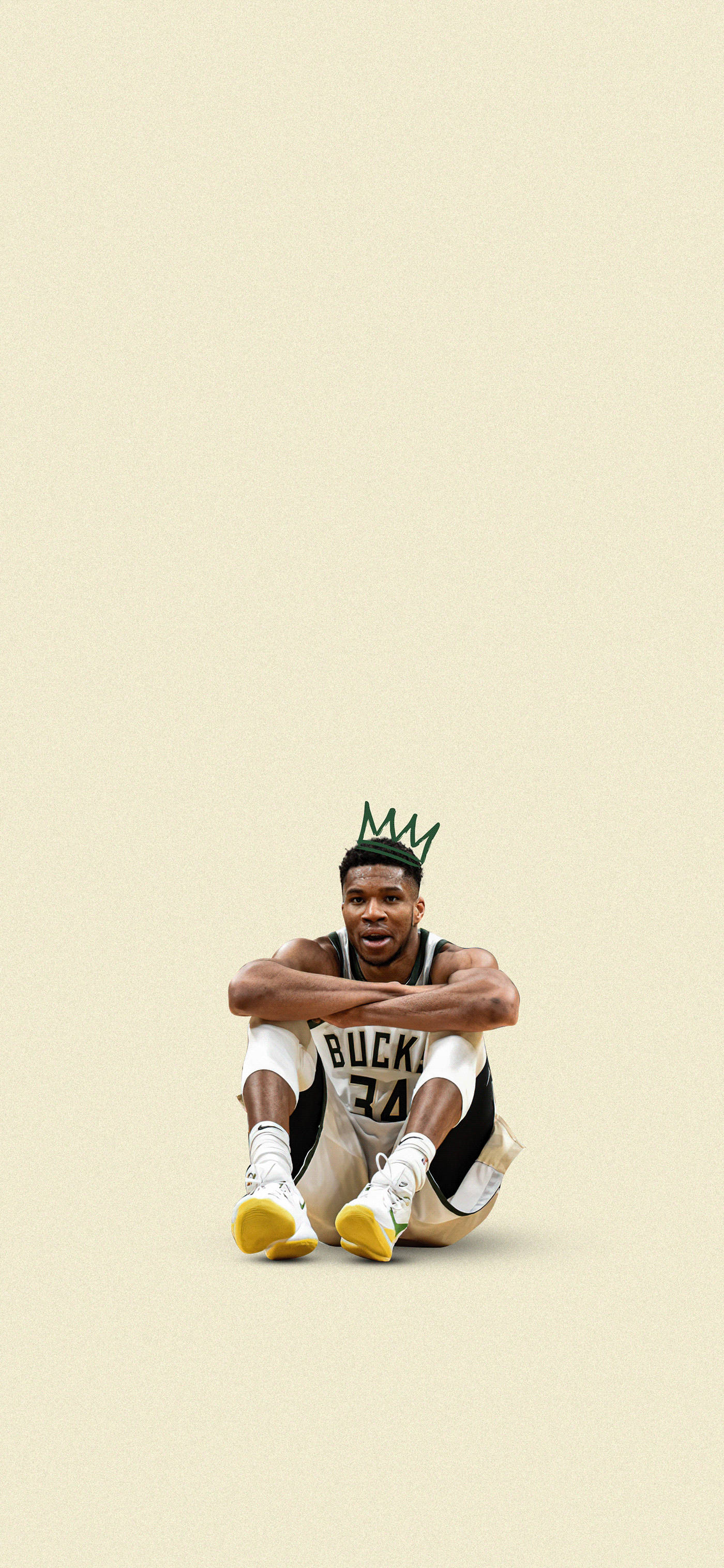 Bucks 桌布 壁紙 — 一名身穿公鹿隊球衣的籃球運動員盤腿坐在米色背景上，戴著綠色皇冠。