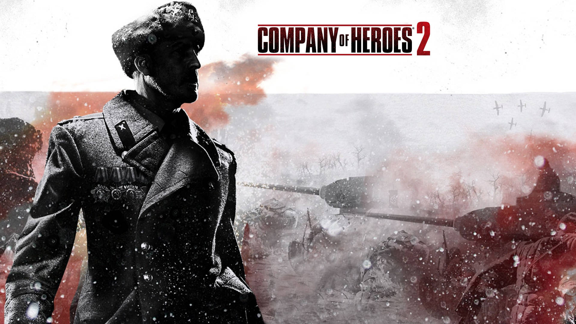 heroes 桌布 壁紙 — 一名身穿冬季裝備的士兵在雪地戰場上堅定站立，遠處煙霧中有坦克和飛機。