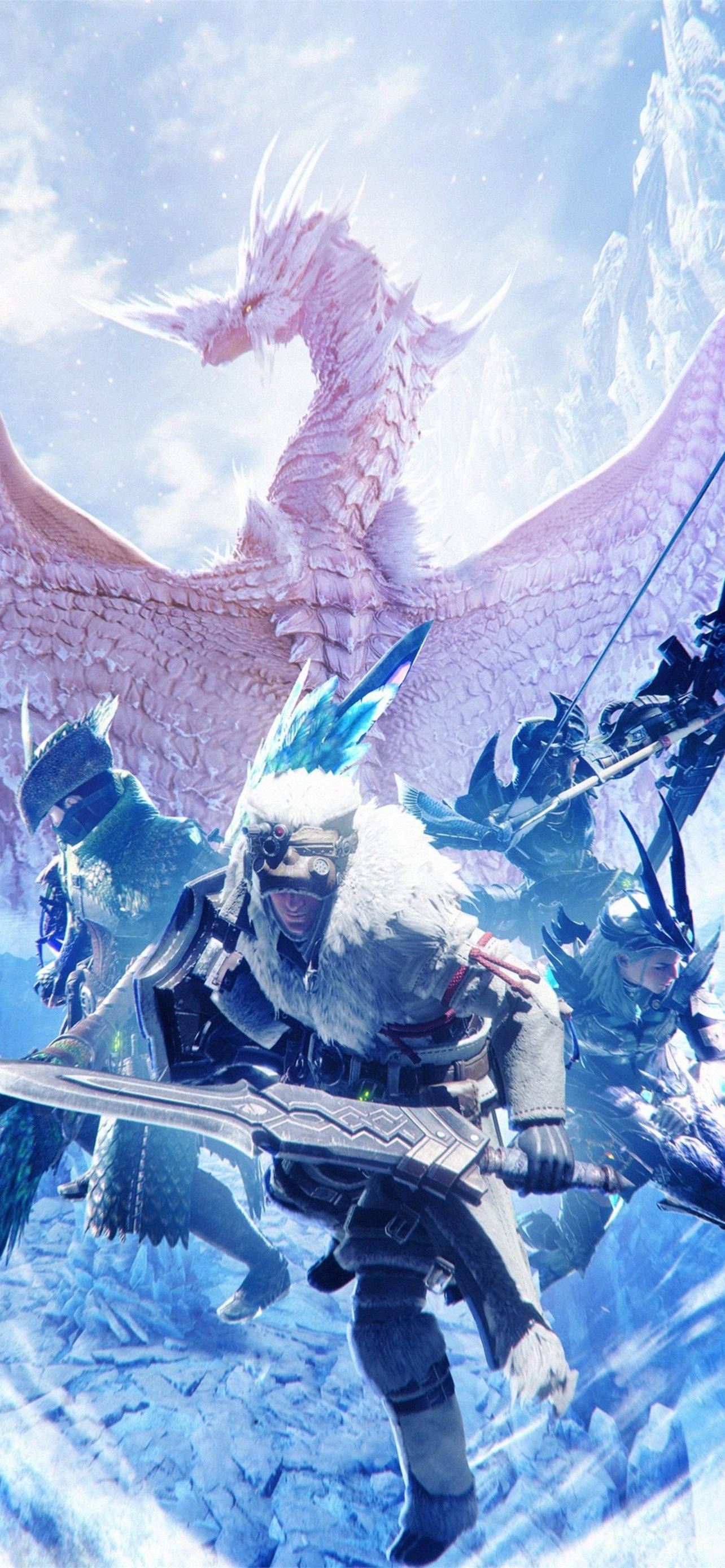monster hunter iPhone 桌布 壁紙 — 一名身穿冰甲的戰士揮劍衝鋒，一頭巨大的粉紅色巨龍在白雪皚皚的山地景觀上空翱翔。