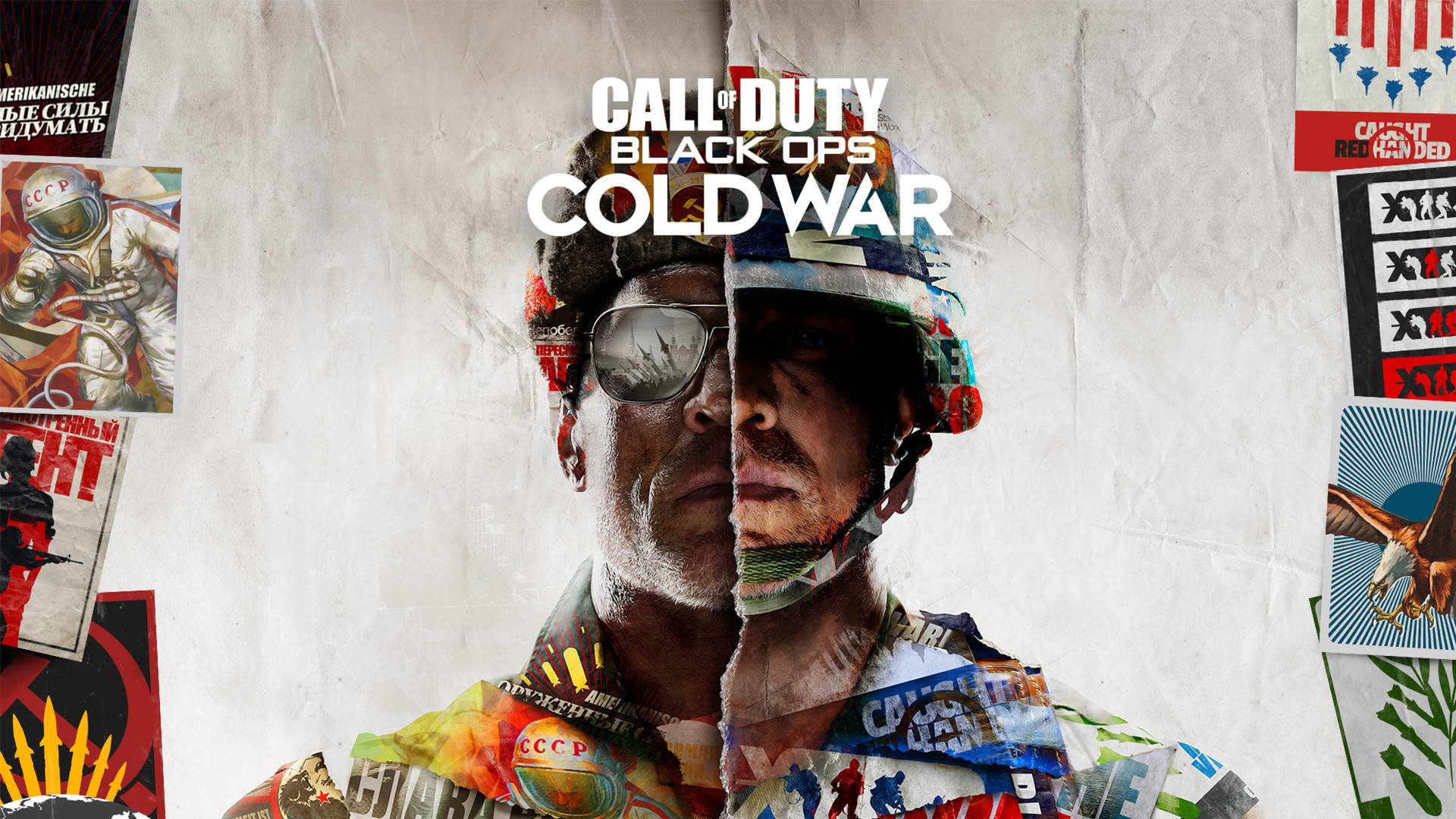 Cod 桌布 壁紙 — 一名身穿冷戰裝備的分裂臉士兵，被宣傳海報和軍事圖像包圍。