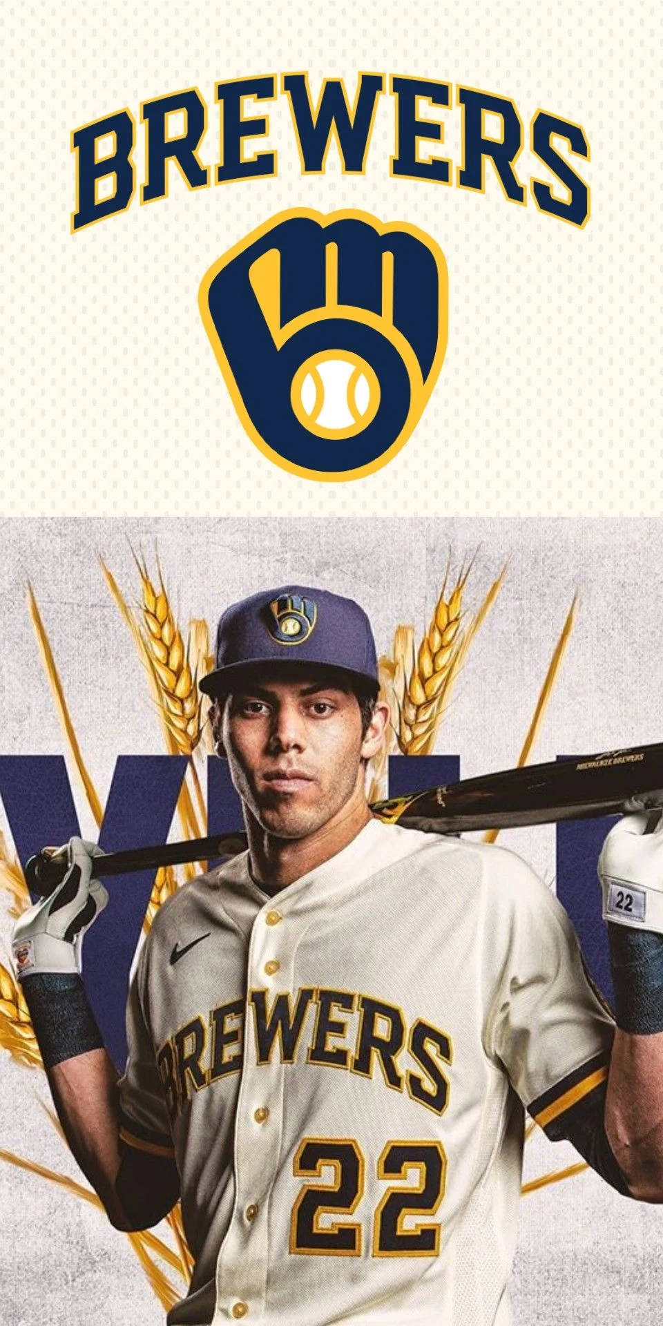 Yelich 桌布 壁紙 — 一名身穿制服的密爾瓦基釀酒人棒球選手，以小麥穗和球隊標誌為背景，手持球棒。