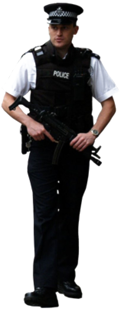 警察 桌布 壁紙 — 一名身穿制服的警察在透明背景上警覺地站立，手持步槍。