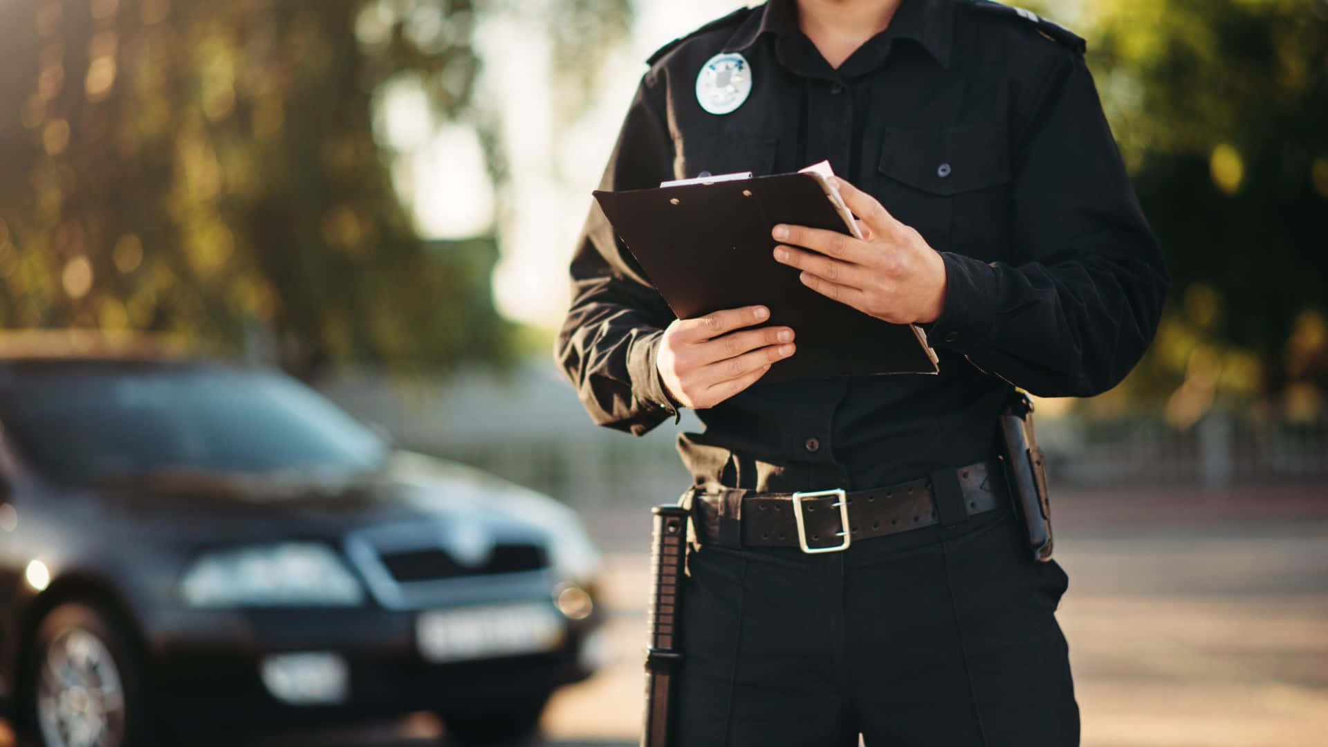 Brave 桌布 壁紙 — 一名身穿制服的警察站在一輛停放的汽車旁邊，手持剪貼板，身處陽光普照的戶外環境。