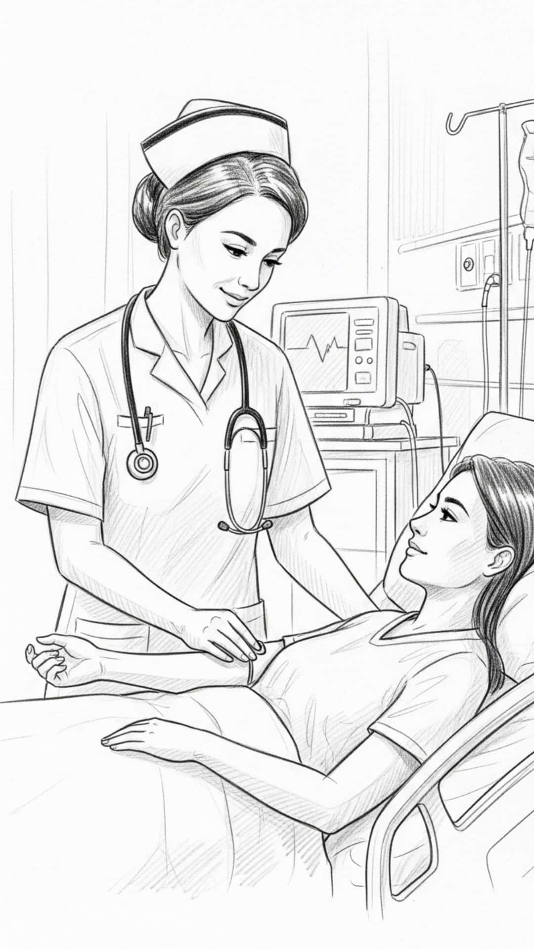 Nurse Pencil Sketch, Medical Professional with Stethoscope 壁紙 — 一名身穿制服的護士在可見醫療設備的病房中，輕輕握住病人的手。