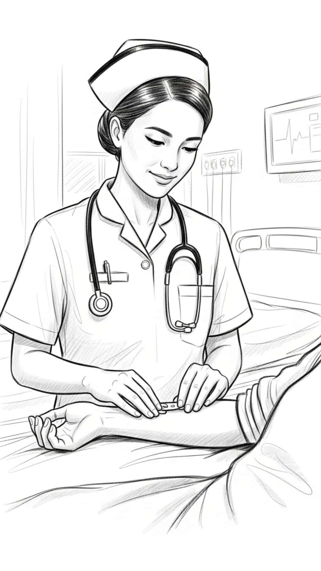 Nurse Pencil Sketch, Medical Professional with Stethoscope 壁紙 — 一名身穿制服的護士在醫院房間內輕柔地為病人的手腕包紮繃帶。