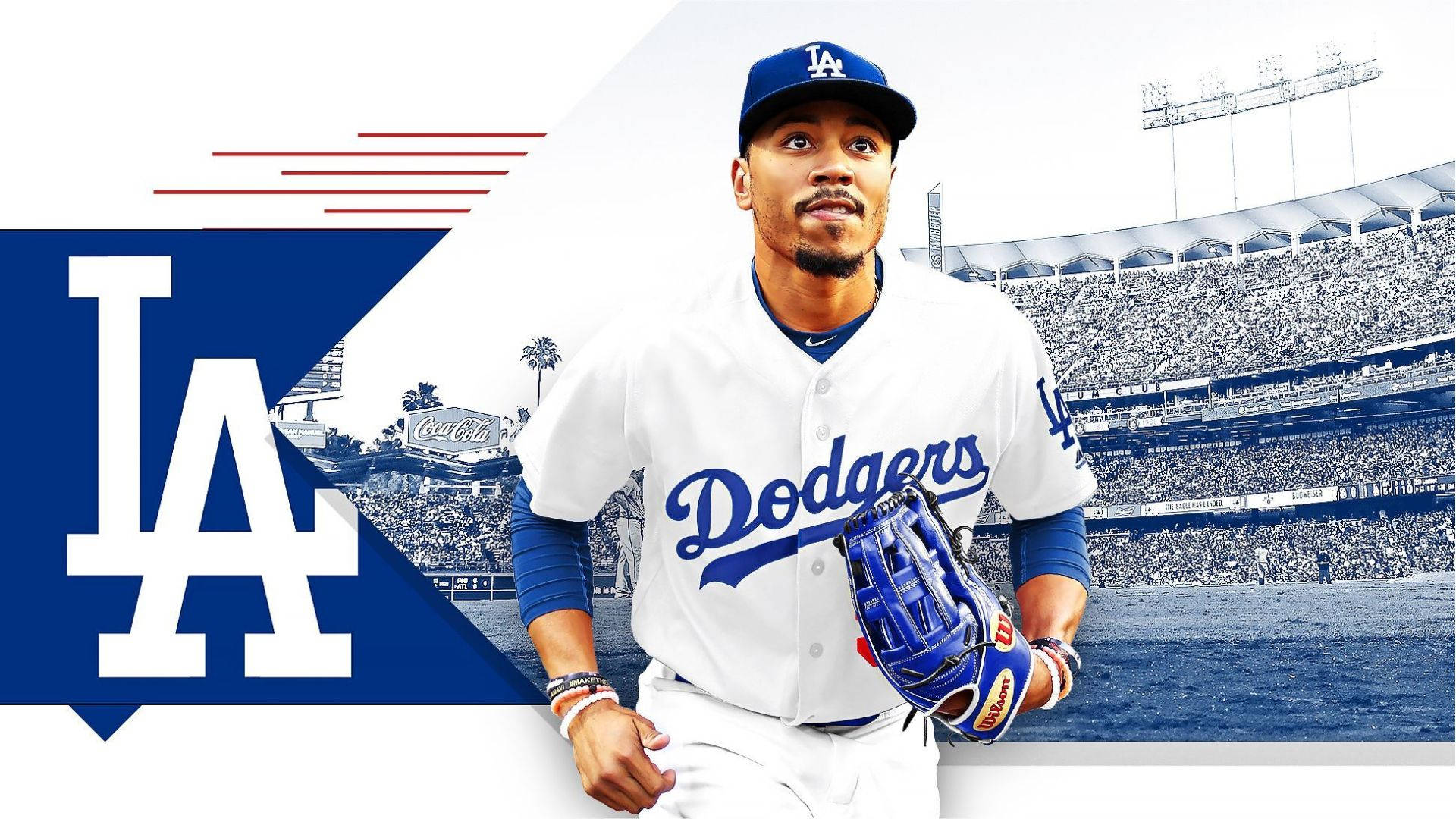 Mookie Betts 桌布 壁紙 — 一名身穿制服的道奇棒球選手自信地站在擠滿觀眾的體育場前，LA標誌清晰可見。