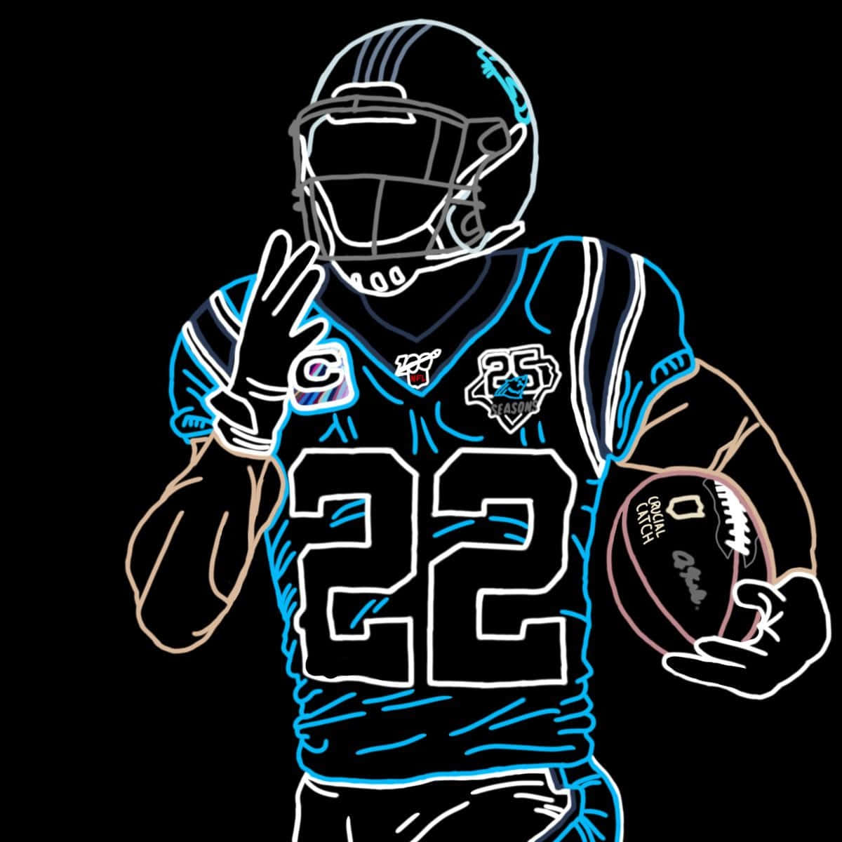 Christian Mccaffrey 桌布 壁紙 — 一名身穿卡羅萊納黑豹隊球衣的足球員在黑色背景前，在霓虹燈光下拿著球並做出和平手勢。