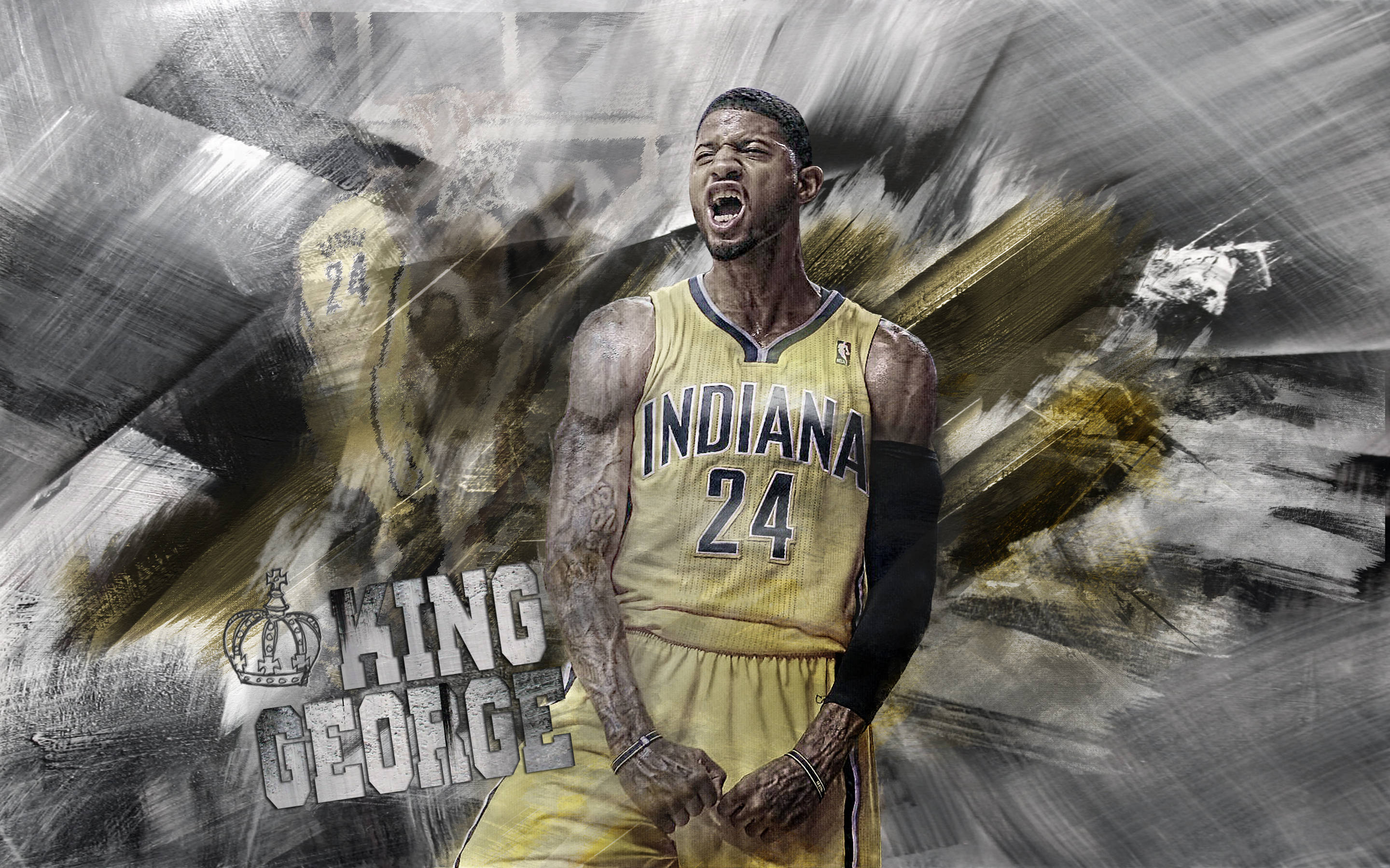 Pacers 桌布 壁紙 — 一名身穿印第安納球衣的籃球運動員在動態抽象背景前激烈咆哮。