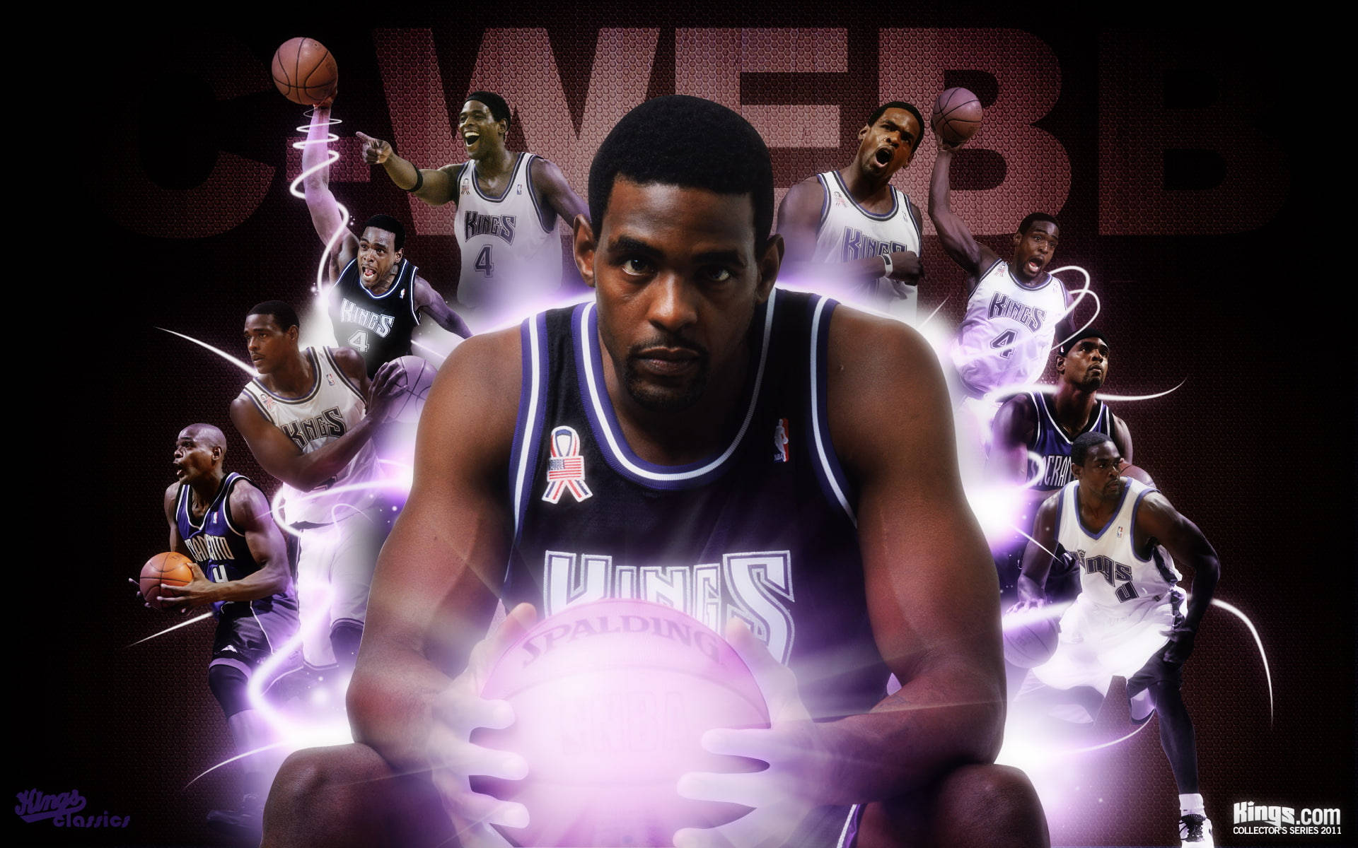 Sacramento Kings 桌布 壁紙 — 一名身穿國王隊球衣的籃球運動員在黑暗背景下，被動態動作姿勢包圍，手持發光籃球。
