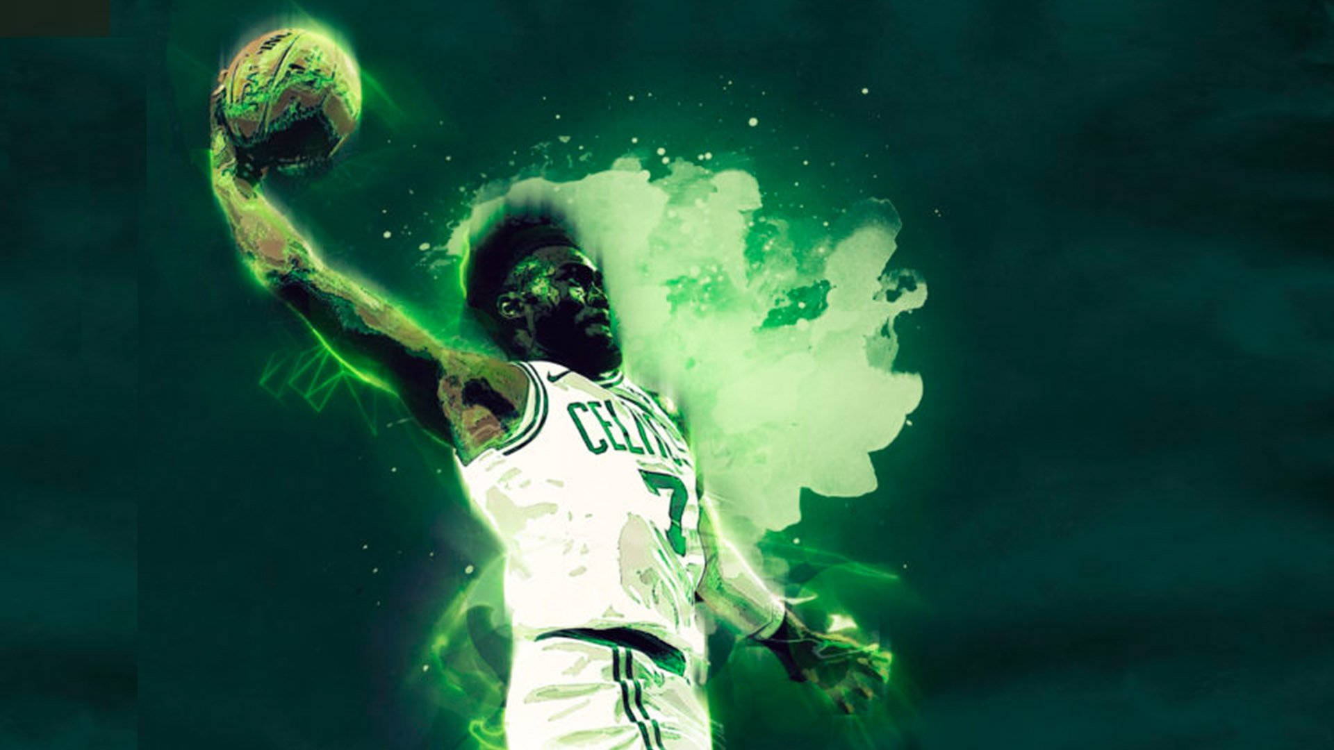 Jaylen Brown 桌布 壁紙 — 一名身穿塞爾提克球衣的籃球運動員在深藍綠色背景上跳躍，帶有發光的綠色光環和油漆飛濺效果。
