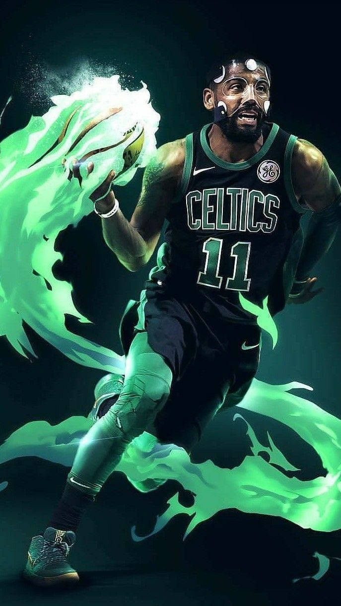 Kyrie 桌布 壁紙 — 一名身穿塞爾提克球衣的籃球運動員，運著一個發光綠色球體，周圍環繞著超自然能量。