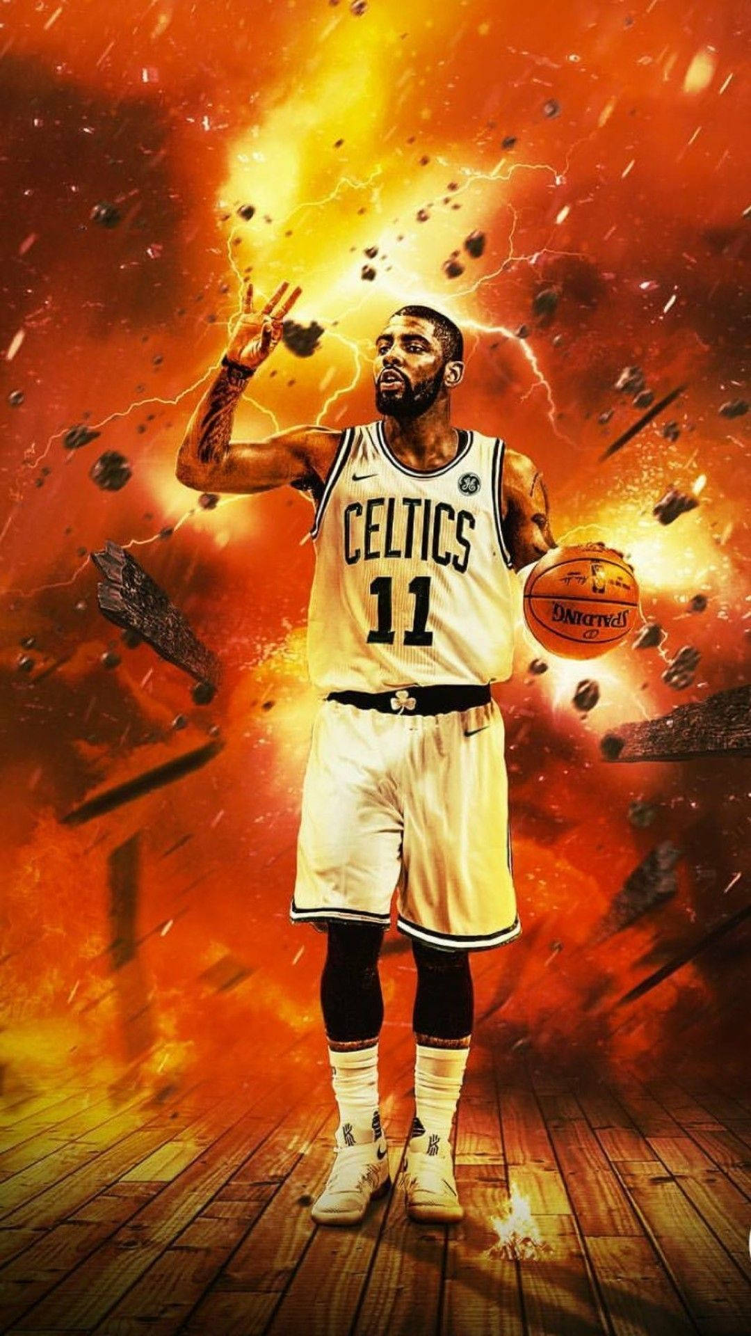 Kyrie 桌布 壁紙 — 一名身穿塞爾提克球衣的籃球運動員站在木地板上，身後有火焰爆炸和閃電，他手持籃球並做出和平手勢。