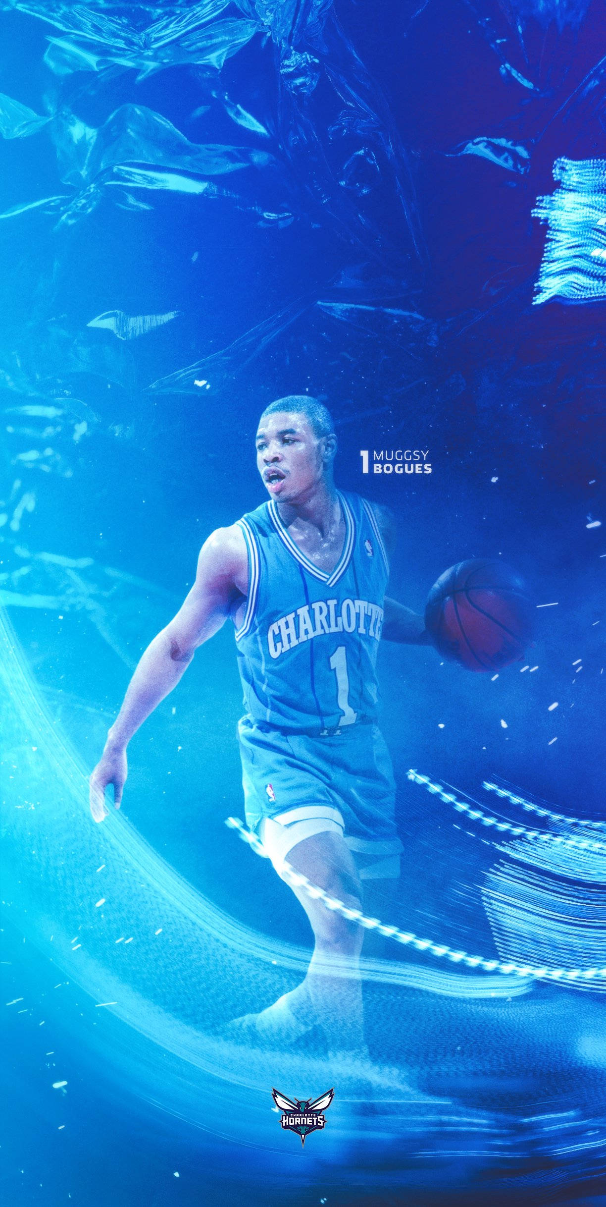 Hornets 桌布 壁紙 — 一名身穿夏洛特球衣的籃球運動員在旋轉的藍光和氣泡中於水下運球。