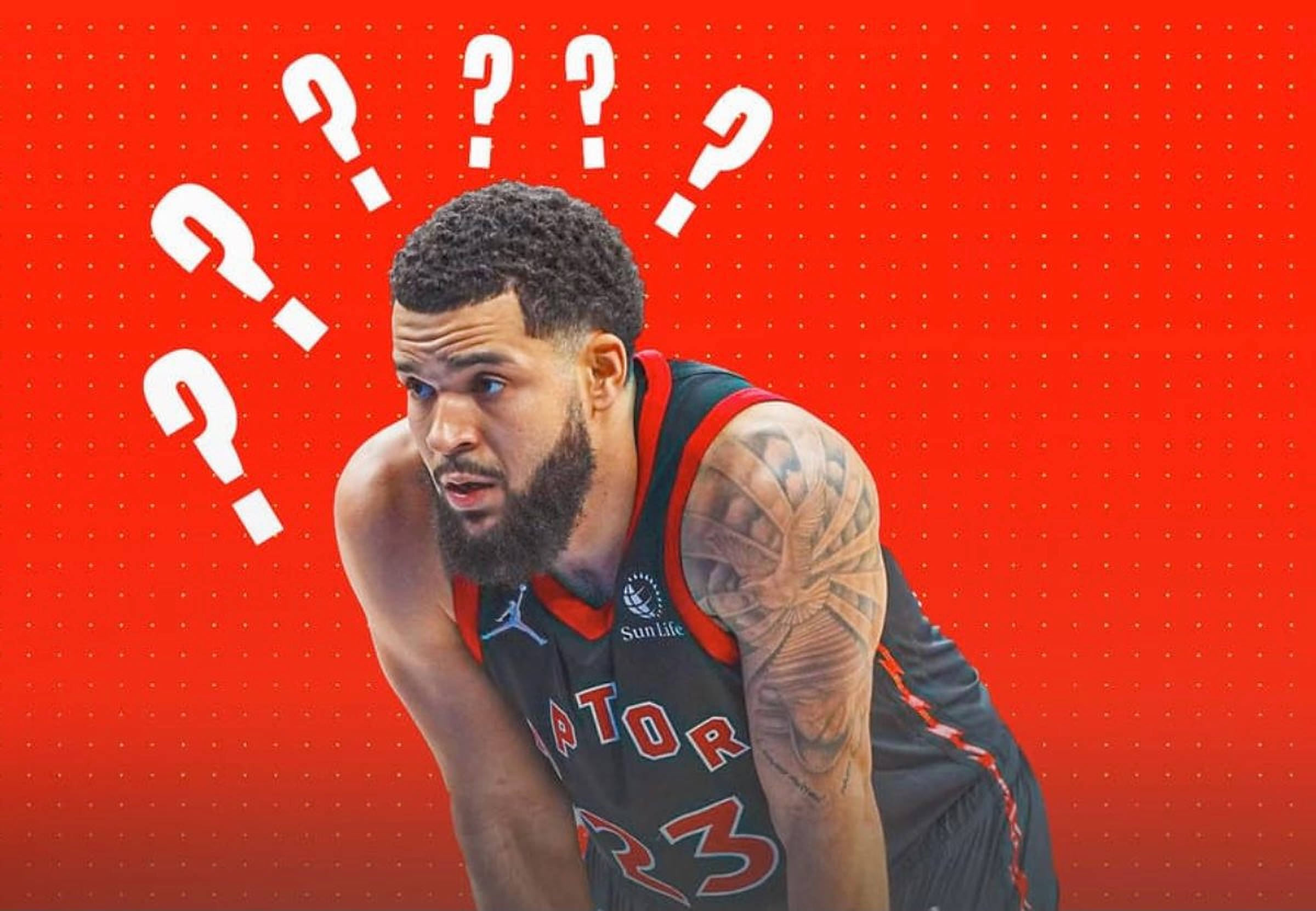 Fred Vanvleet 桌布 壁紙 — 一名身穿多倫多暴龍隊球衣的籃球運動員，在紅色圓點背景上，頭頂浮現問號，看起來很困惑。