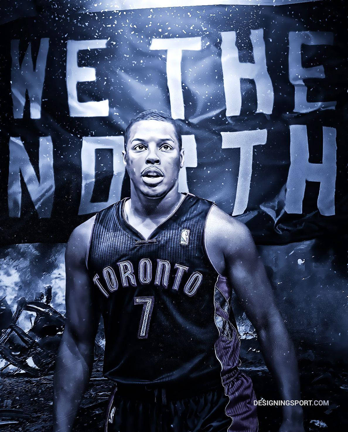 Lowry 桌布 壁紙 — 一名身穿多倫多球衣的籃球運動員，在粗糙的黑白城市環境中，挑釁地站在「WE THE NORTH」橫幅前。