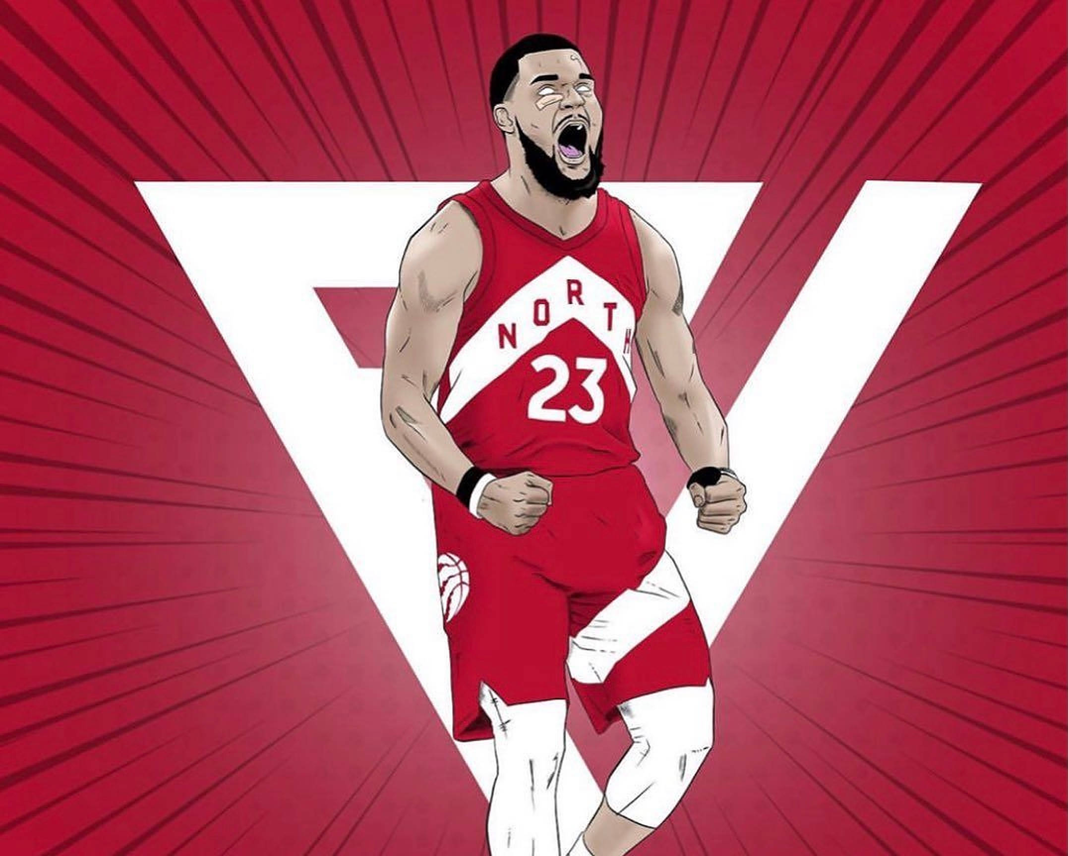 Fred Vanvleet 桌布 壁紙 — 一名身穿多倫多紅色23號球衣的籃球運動員，在鮮明的紅白三角形背景前發出勝利的怒吼。