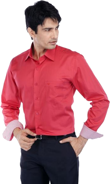 Mens Fashion 桌布 壁紙 — 一名身穿大膽紅色鈕扣襯衫、帶有格子袖口的男子自信地站在黑色背景前。
