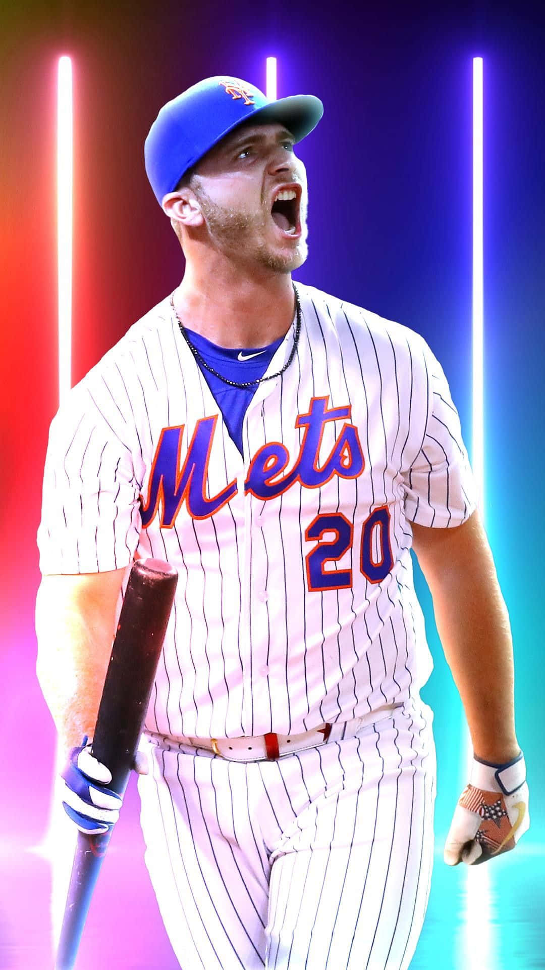 Pete Alonso 桌布 壁紙 — 一名身穿大都會隊球衣的棒球選手，在霓虹垂直燈光下高舉球棒，發出勝利的怒吼。