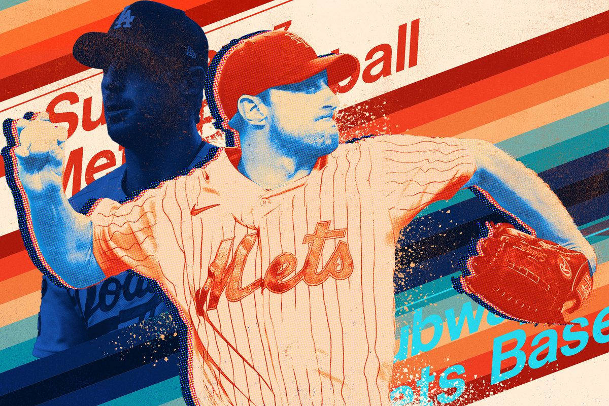 Max Scherzer 桌布 壁紙 — 一名身穿大都會隊球衣的風格化棒球運動員，在充滿活力的復古條紋背景和粗體文字中投球。