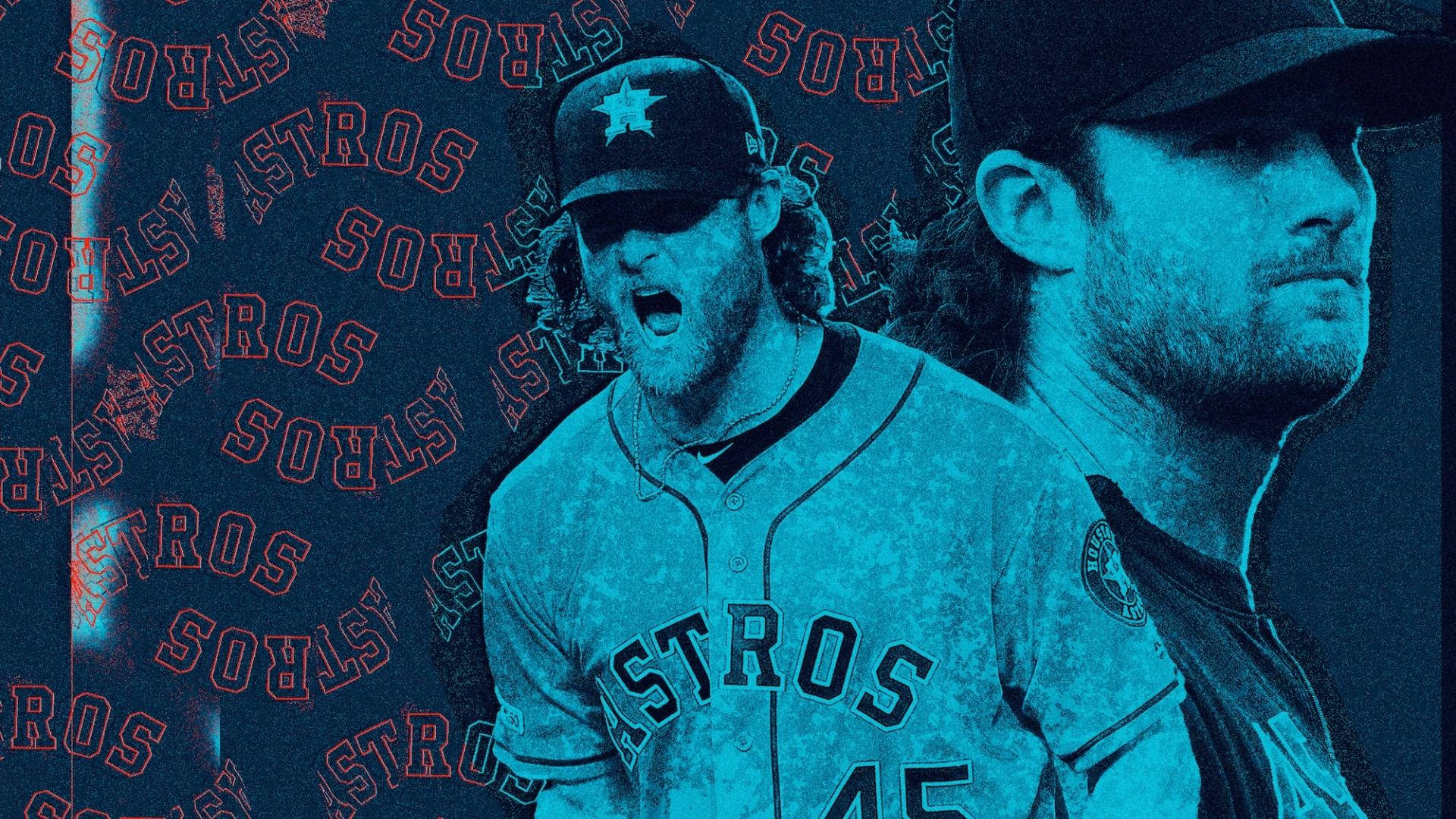 Gerrit Cole 桌布 壁紙 — 一名身穿太空人隊球衣的棒球運動員在深藍色背景上，疊加重複的紅色球隊標誌，發出強烈的咆哮。
