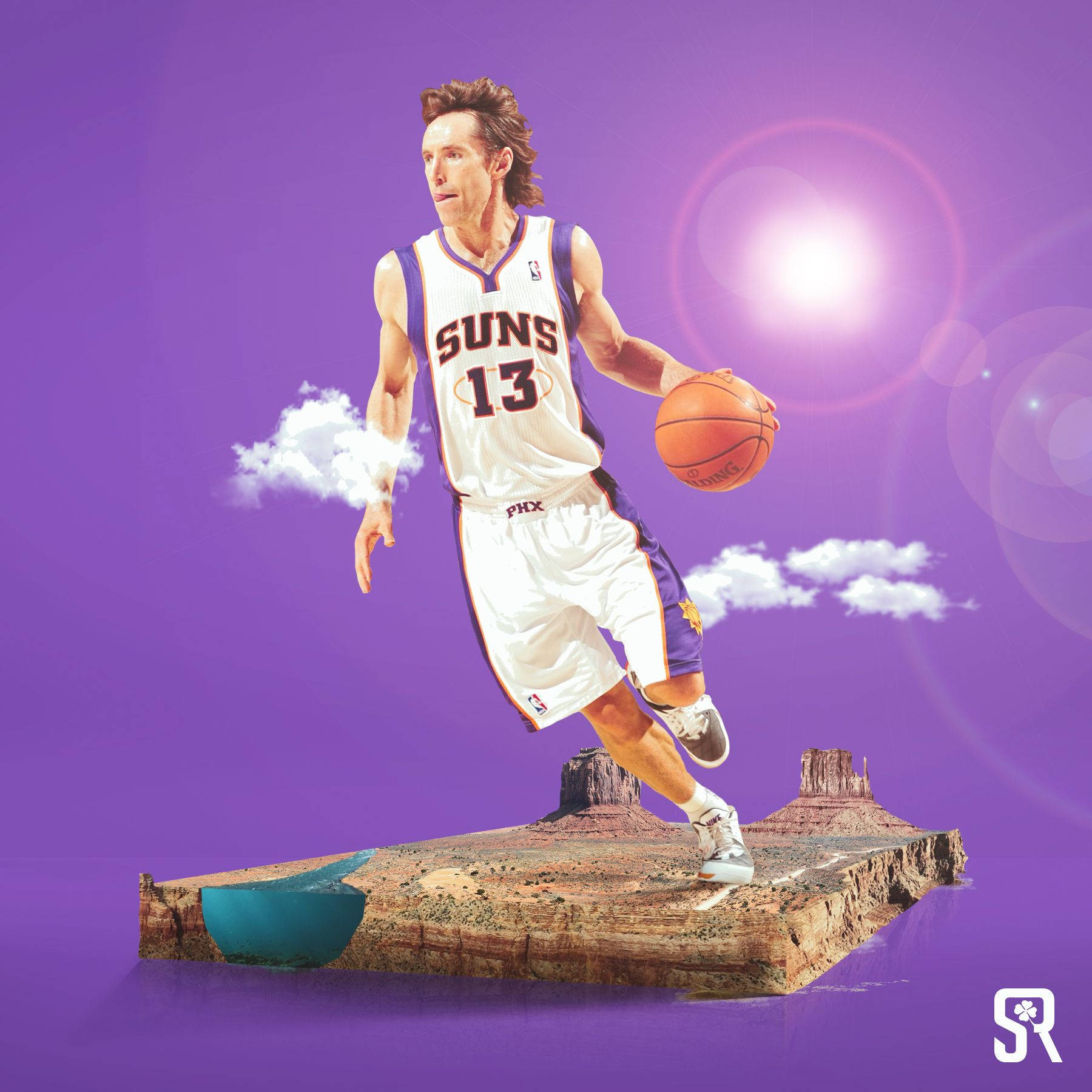 NBA 桌布 壁紙 — 一名身穿太陽隊球衣的籃球運動員在浮空沙漠峽谷上方運球，背景是充滿活力的紫色天空和鏡頭光暈。