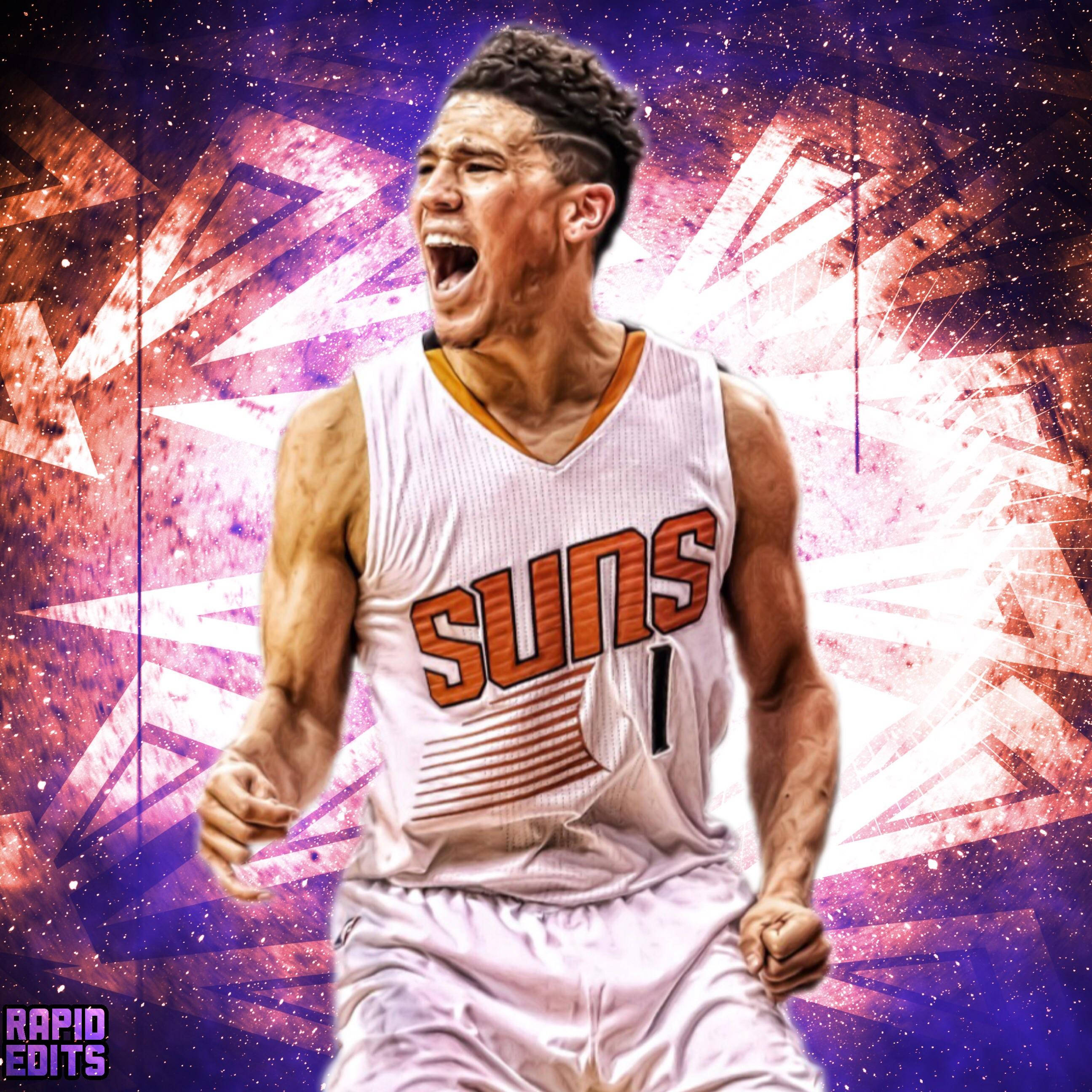 Devin Booker 桌布 壁紙 — 一名身穿太陽隊球衣的籃球運動員在充滿活力的宇宙背景和燦爛的幾何爆發中勝利地咆哮。