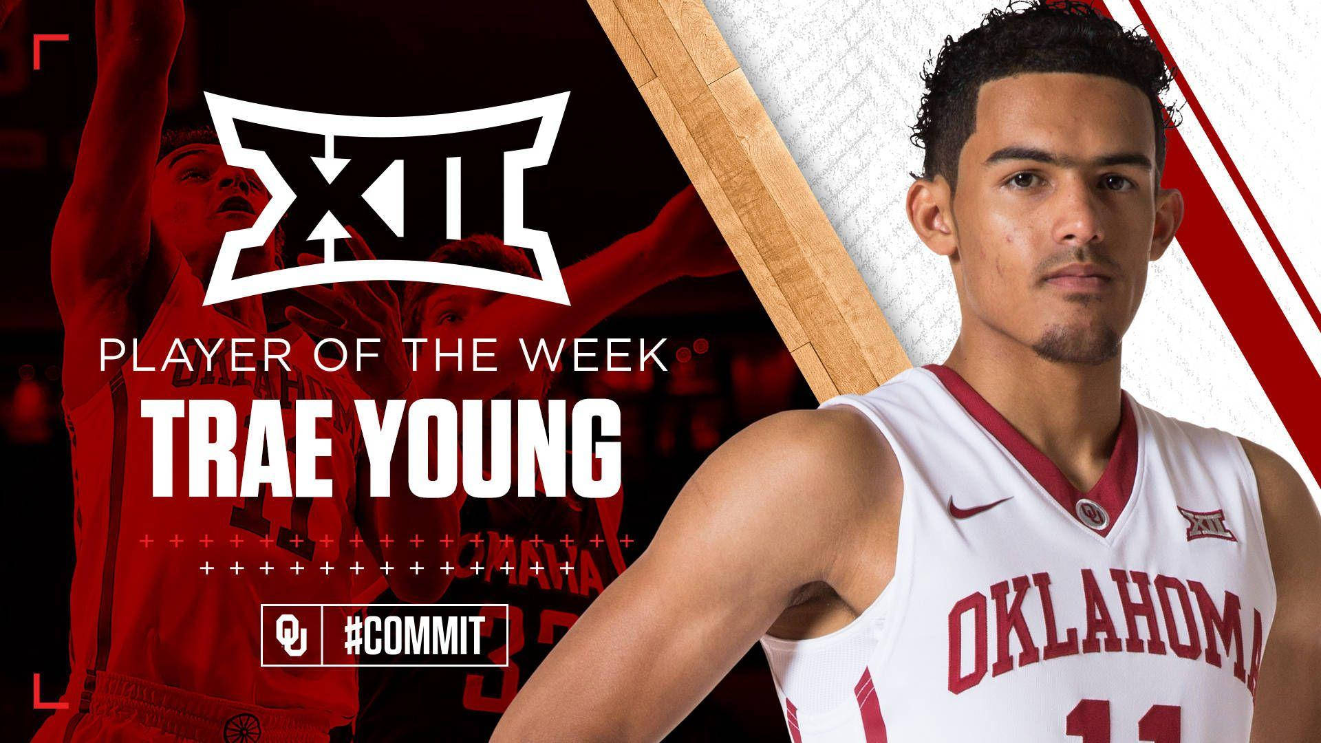 Trae Young 桌布 壁紙 — 一名身穿奧克拉荷馬球衣的籃球運動員，在紅白圖形背景前手持木棒，並帶有「Player of the Week」文字。