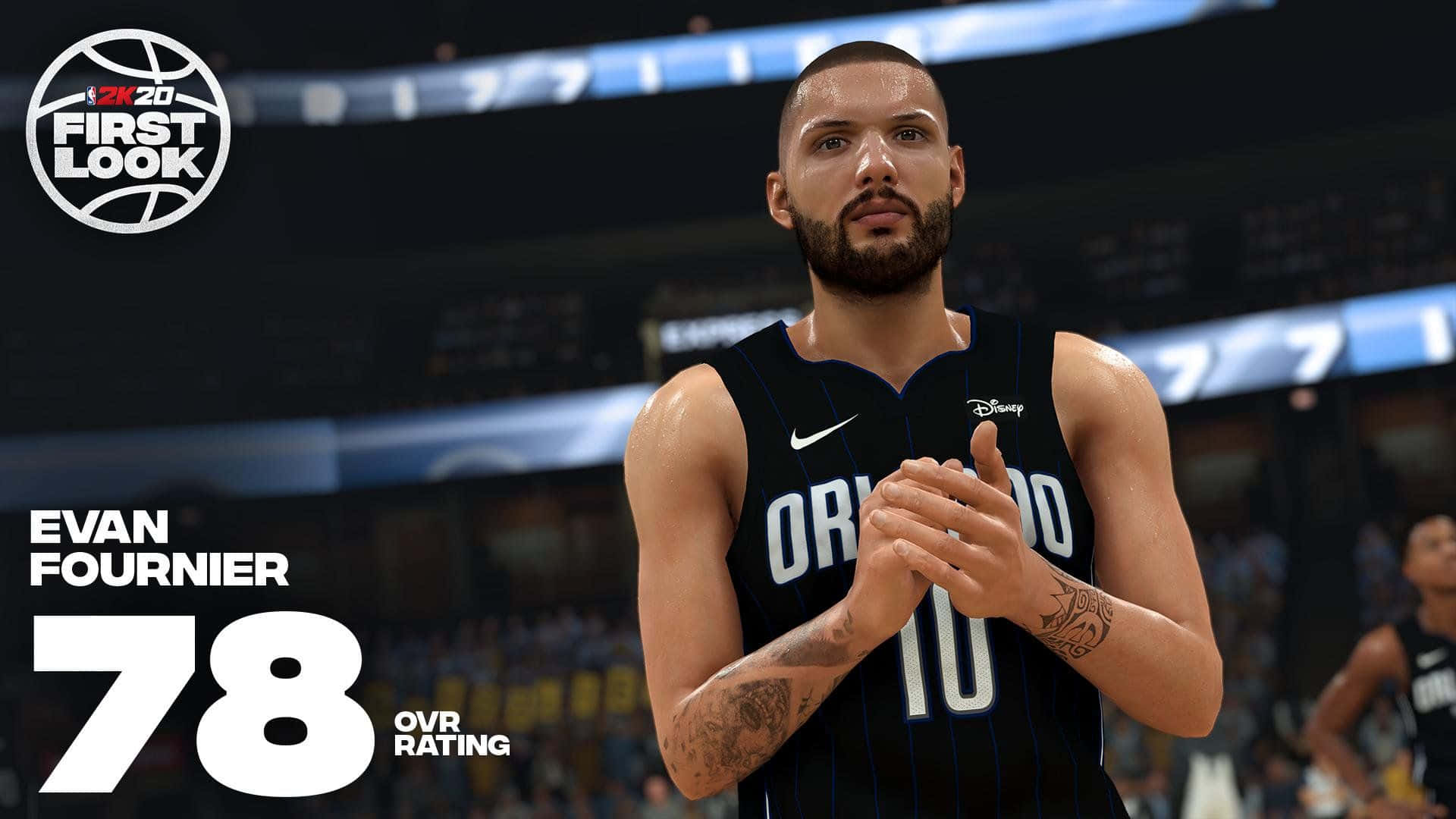 NBA 2k20 桌布 壁紙 — 一名身穿奧蘭多魔術隊球衣的籃球運動員站在體育館內，雙手合十，帶有78 OVR評級圖案。