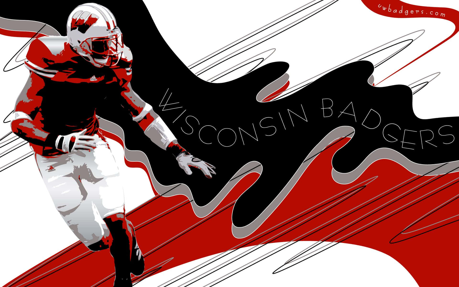 Wisconsin Badgers 桌布 壁紙 — 一名身穿威斯康辛獾隊裝備的動態插圖足球員，在鮮明的紅、黑、白抽象背景上向前衝刺。