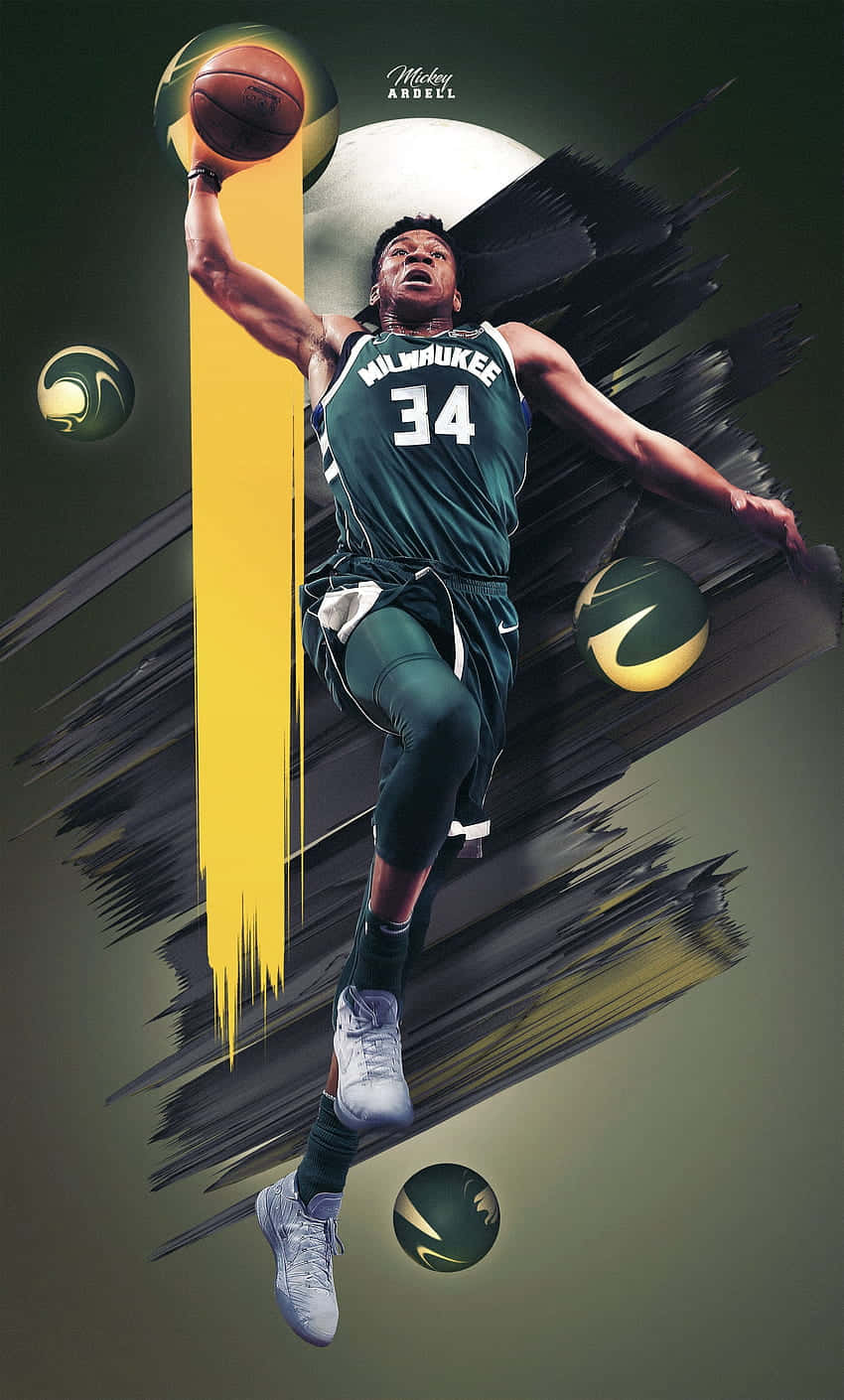 Best NBA 桌布 壁紙 — 一名身穿密爾瓦基球衣的動感籃球運動員在空中跳起，手持籃球，背景是風格化的抽象圖案，帶有鮮明的黃色和深色筆觸。
