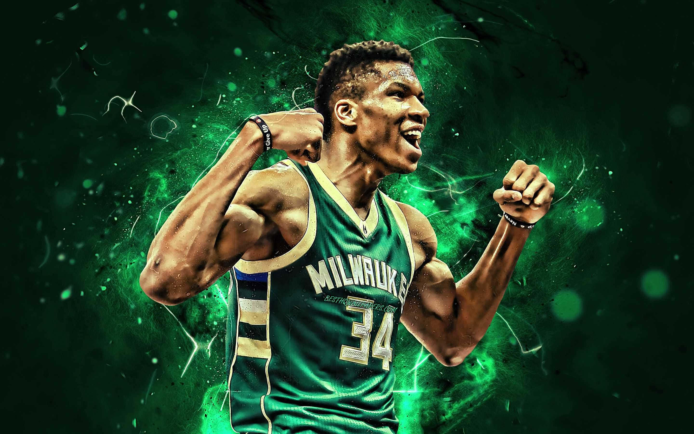 Milwaukee Bucks Logo 桌布 壁紙 — 一名身穿密爾瓦基球衣的籃球運動員在充滿活力的綠色能量背景下勝利慶祝。