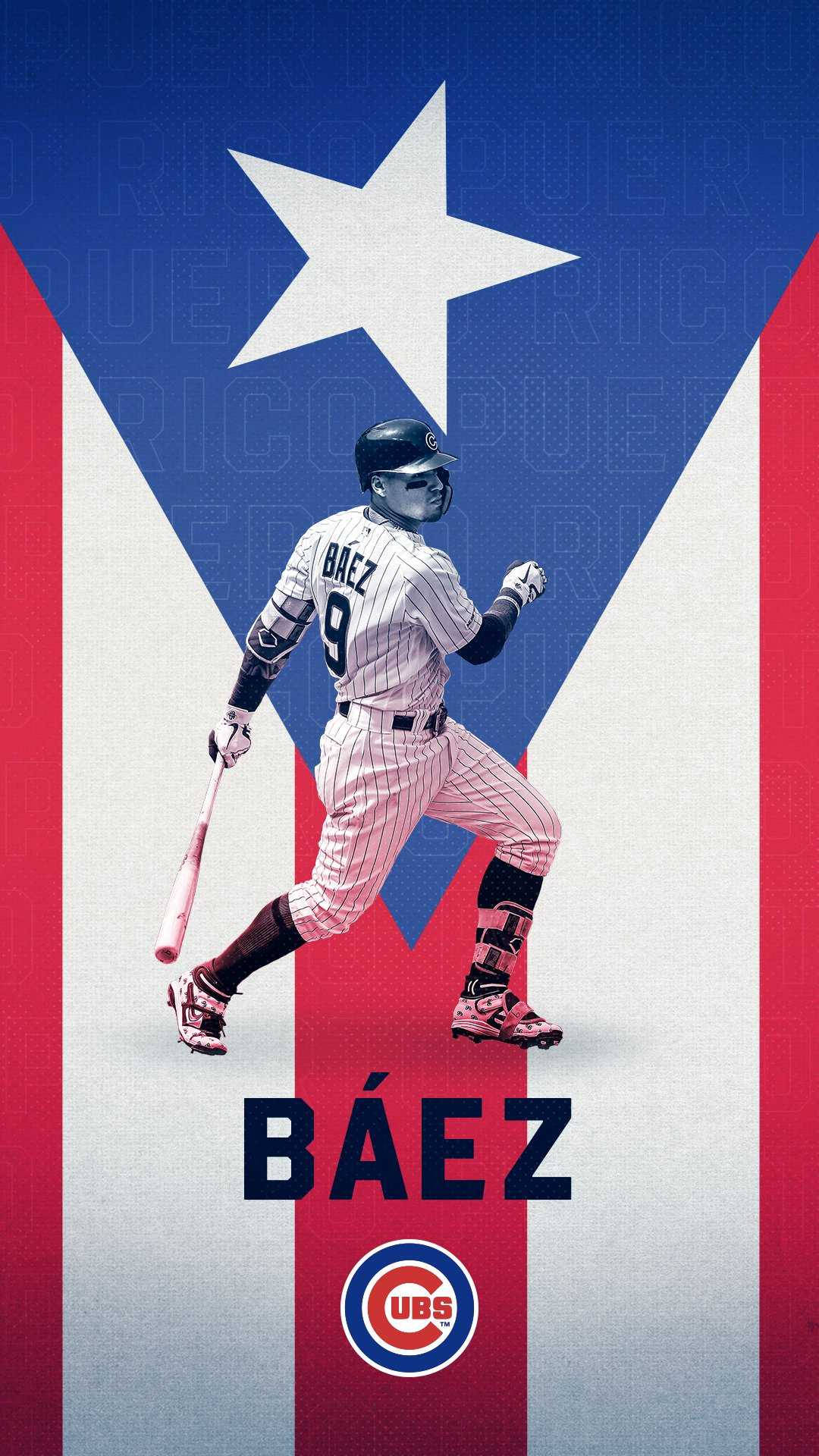 Baez 桌布 壁紙 — 一名身穿小熊隊球衣的棒球運動員在帶有大星星的波多黎各國旗背景下動態奔跑。