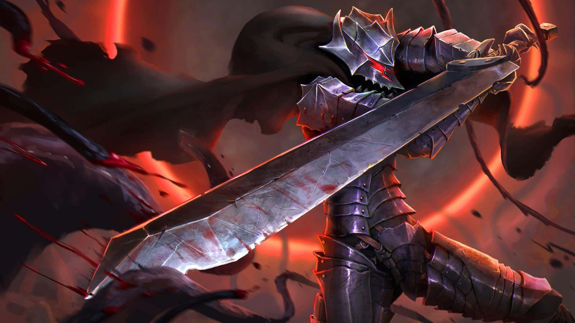 Berserk Guts 桌布 壁紙 — 一名身穿尖刺盔甲的騎士，在火紅的戰場上揮舞著一把巨大的血劍對抗黑暗觸手。