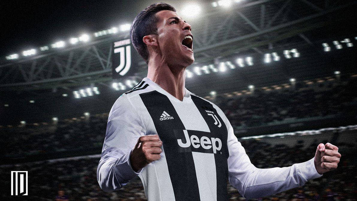 Ronaldo 桌布 壁紙 — 一名身穿尤文圖斯球衣的足球員在球場燈光下握緊拳頭勝利慶祝。