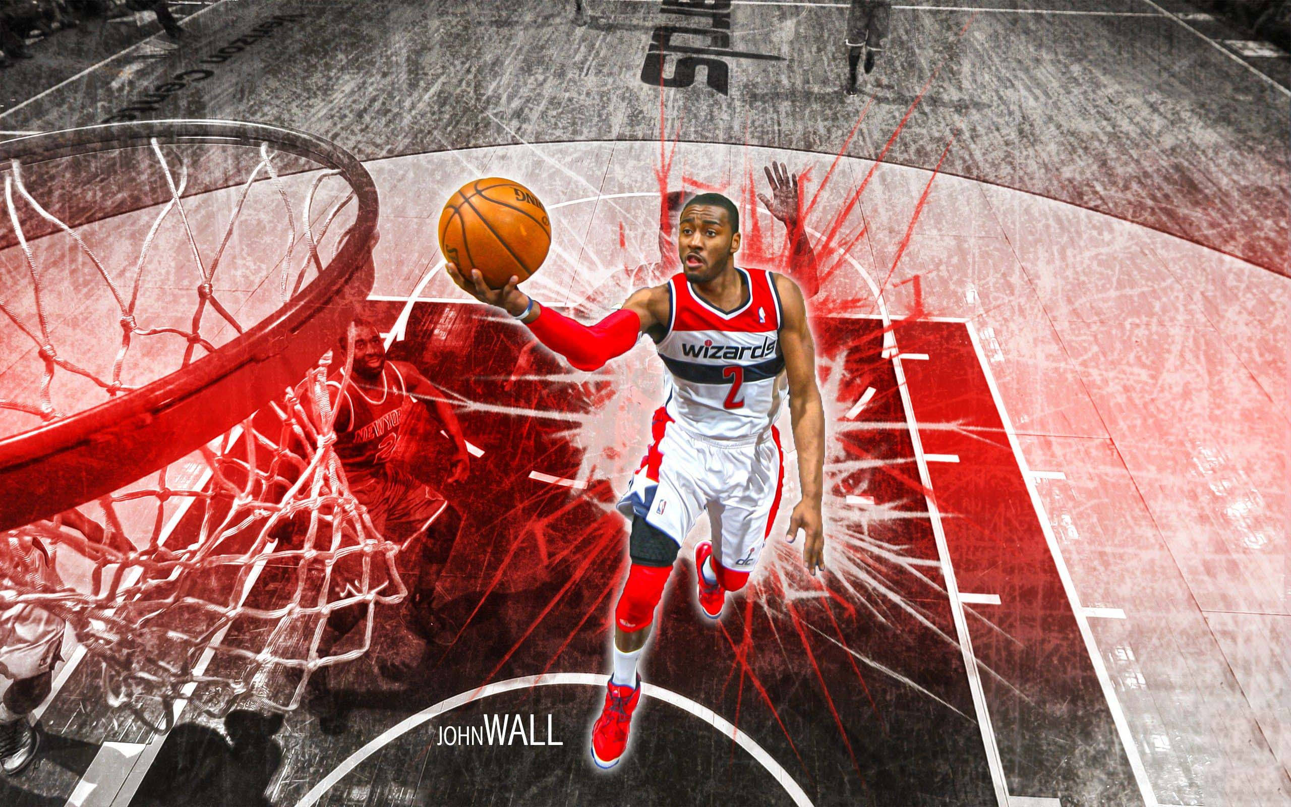 John Wall 桌布 壁紙 — 一名身穿巫師隊球衣的籃球運動員，在紅色條紋從籃框迸發的同時，以爆炸性能量灌籃。
