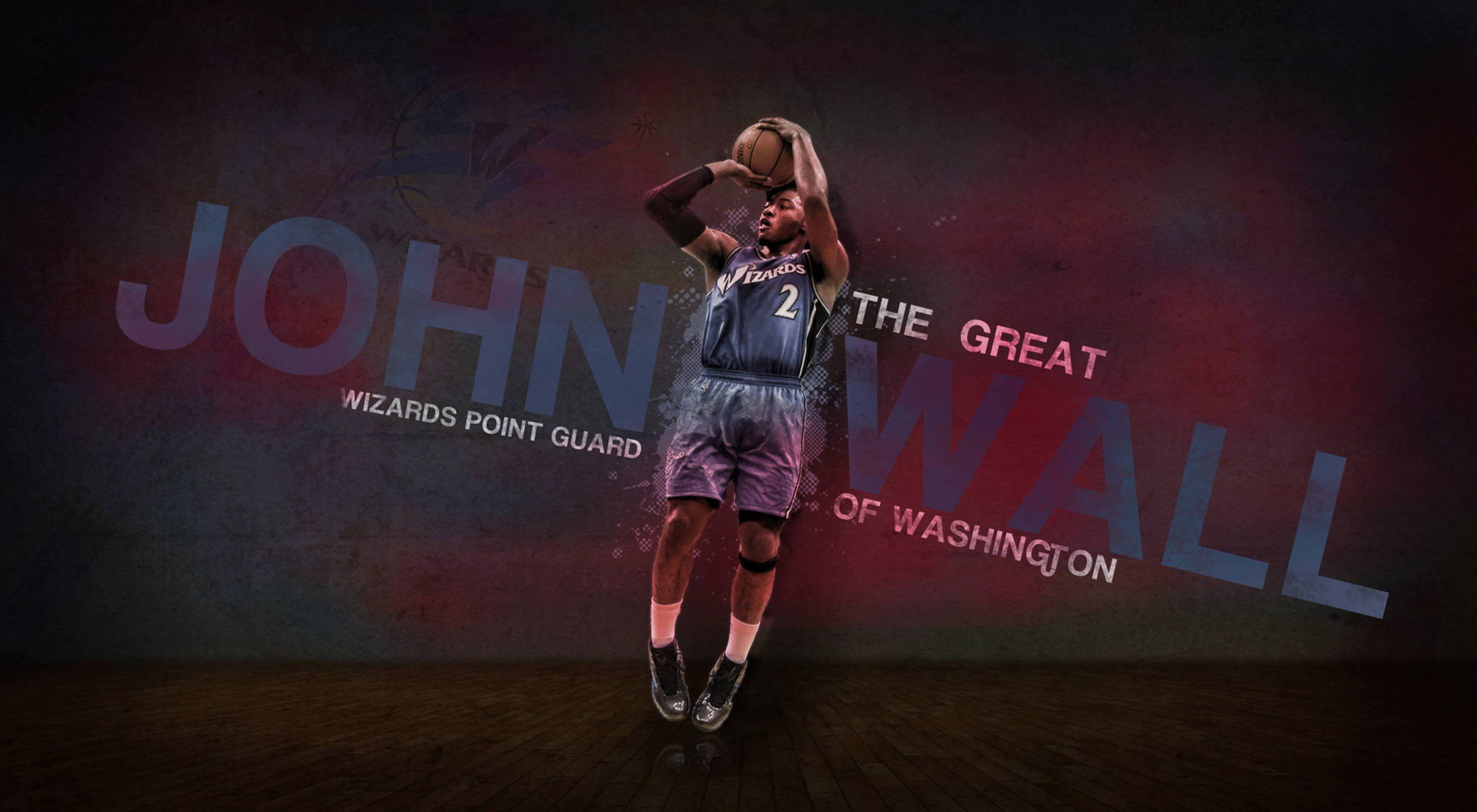 John Wall 桌布 壁紙 — 一名身穿巫師隊球衣的籃球運動員在半空中跳起投籃，背景為深色紋理並帶有發光文字。