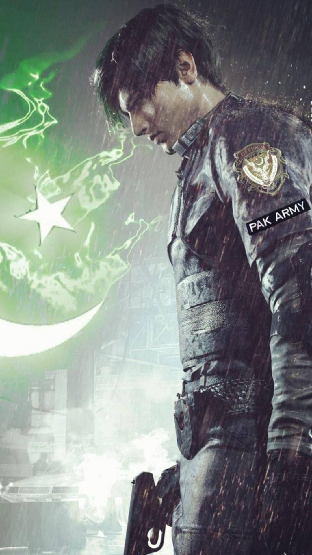 Pakistan 桌布 壁紙 — 一名身穿巴基斯坦軍裝、被雨淋濕的士兵，在發光的綠色國旗背景下莊嚴站立。