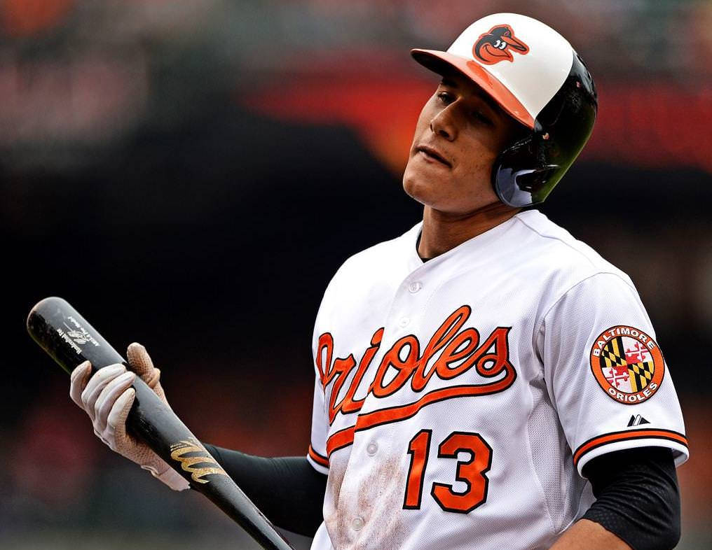 Machado 桌布 壁紙 — 一名身穿巴爾的摩金鶯隊球衣的棒球選手在比賽中專注地握著球棒。