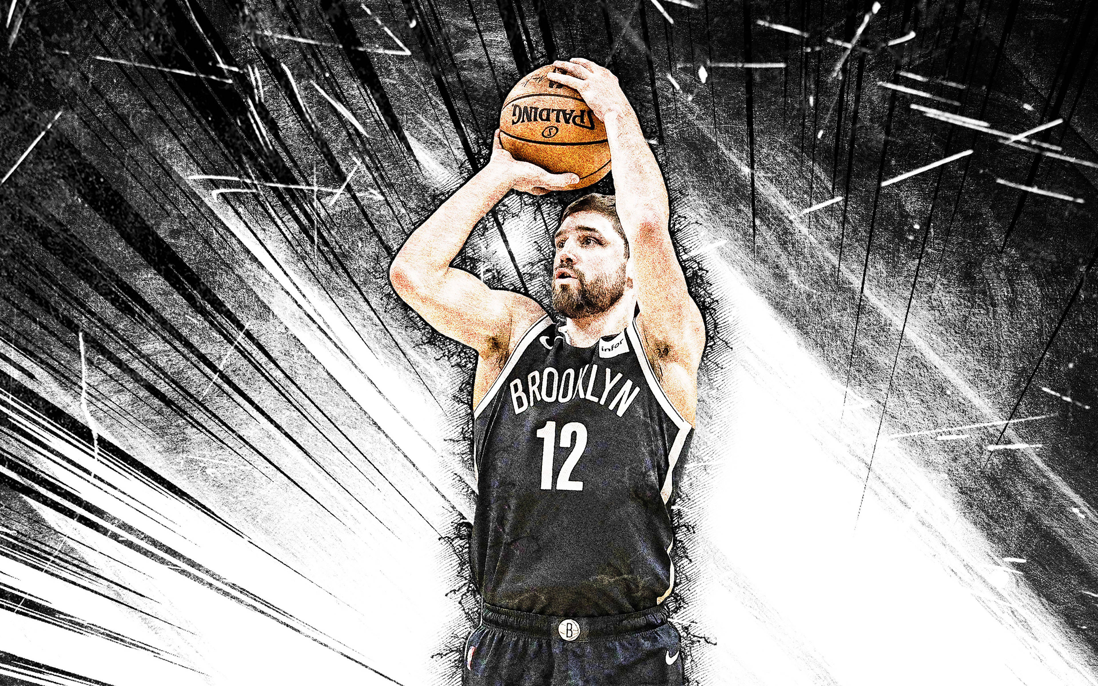 joe harris 桌布 壁紙 — 一名身穿布魯克林球衣的籃球運動員準備投籃，背後散發出戲劇性的黑白動態線條。