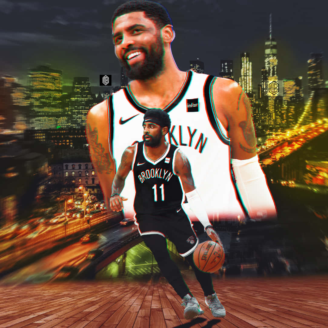 Kyrie Irving Cool 桌布 壁紙 — 一名身穿布魯克林球衣的籃球運動員在充滿活力的夜景中運球，背景是發光的摩天大樓和動態模糊效果。