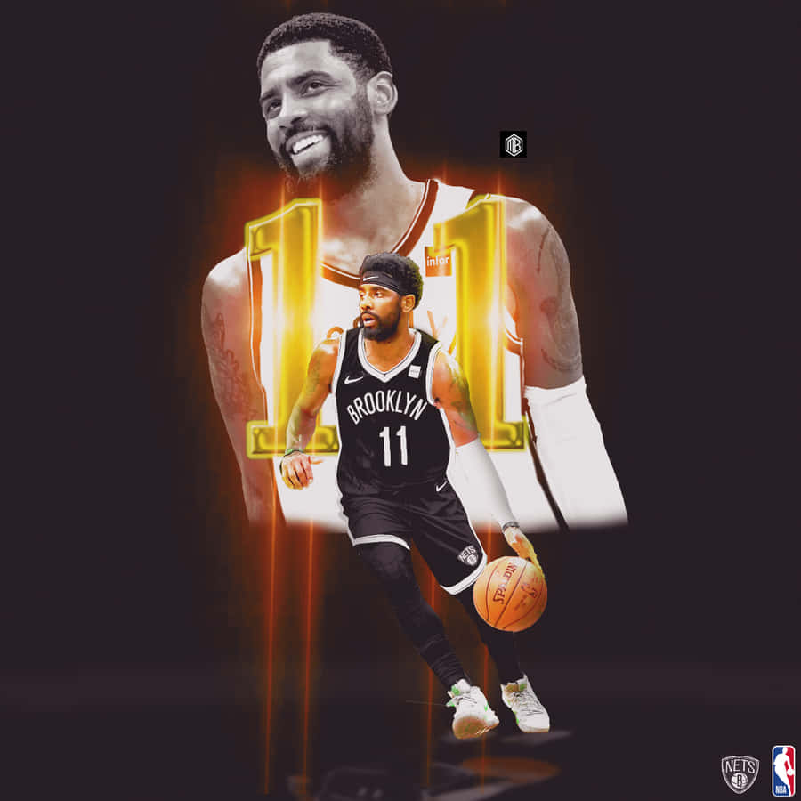Kyrie Irving Cool 桌布 壁紙 — 一名身穿布魯克林籃網球衣的籃球運動員在黑暗背景下運球，身後有一個發光的金色11號。