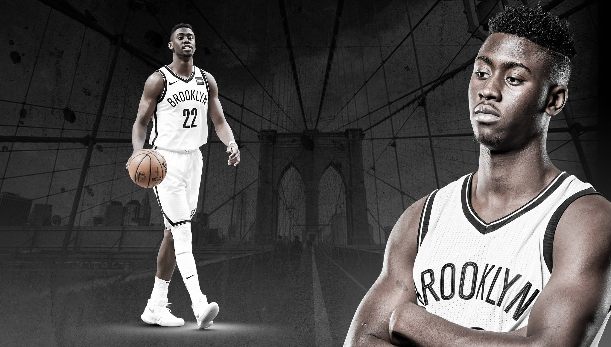 caris levert 桌布 壁紙 — 一名身穿布魯克林籃網隊球衣的籃球運動員站在橋前，手持籃球，旁邊有特寫肖像。