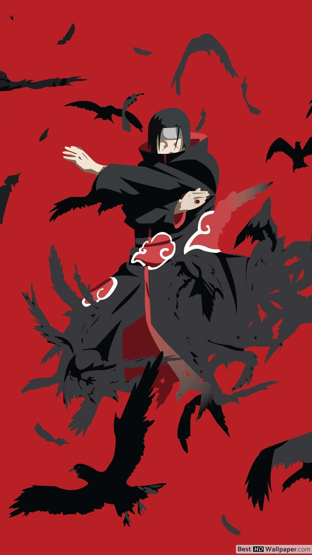 Uchiha Clan 桌布 壁紙 — 一名身穿帶有紅色雲紋的黑色斗篷的忍者，在鮮紅色的背景中，置身於盤旋的黑鳥之間。
